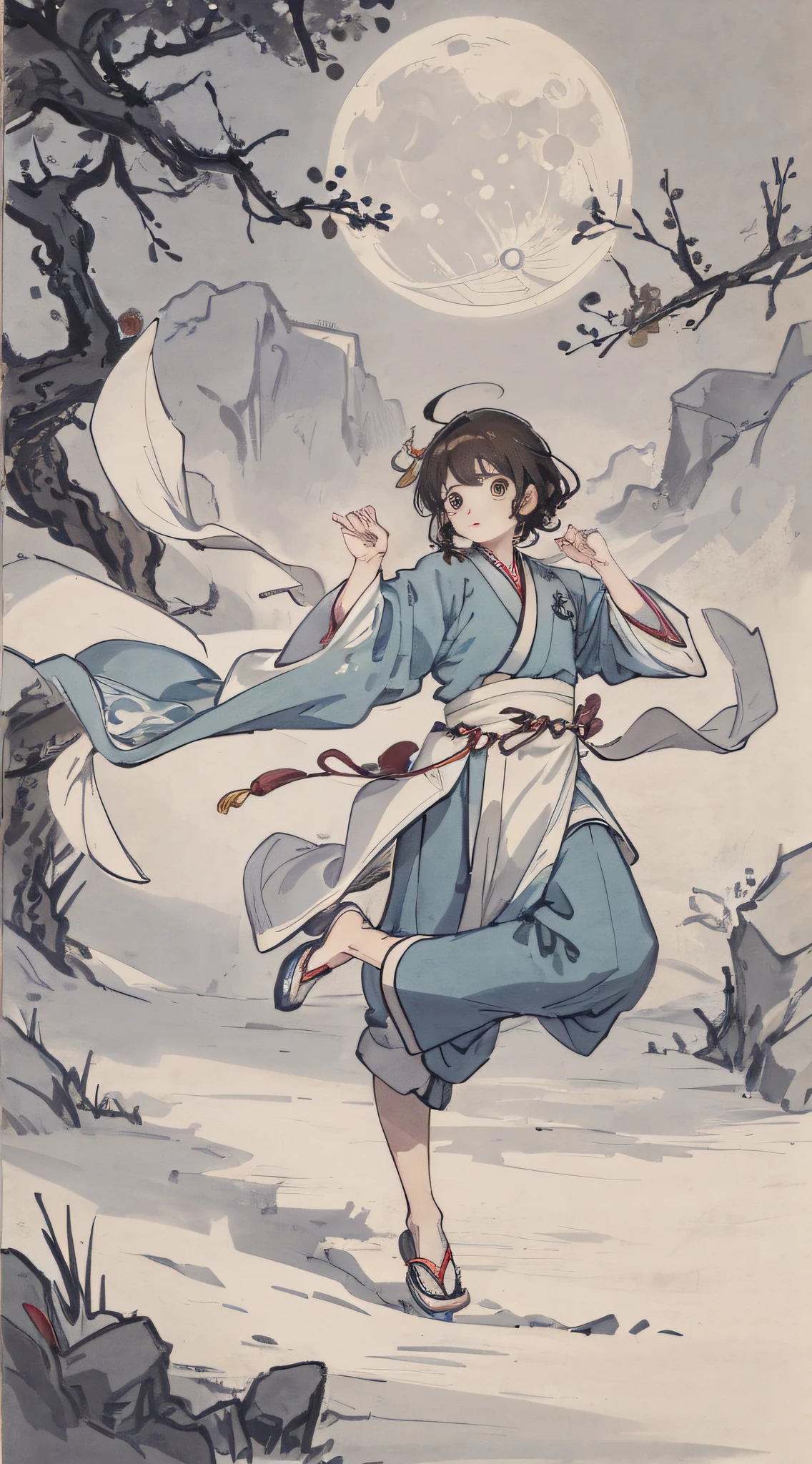 Boy, cute, streamer, brunette hair, hanfu, cloth shoes, bie gesture, funny, moon, landscape, hd