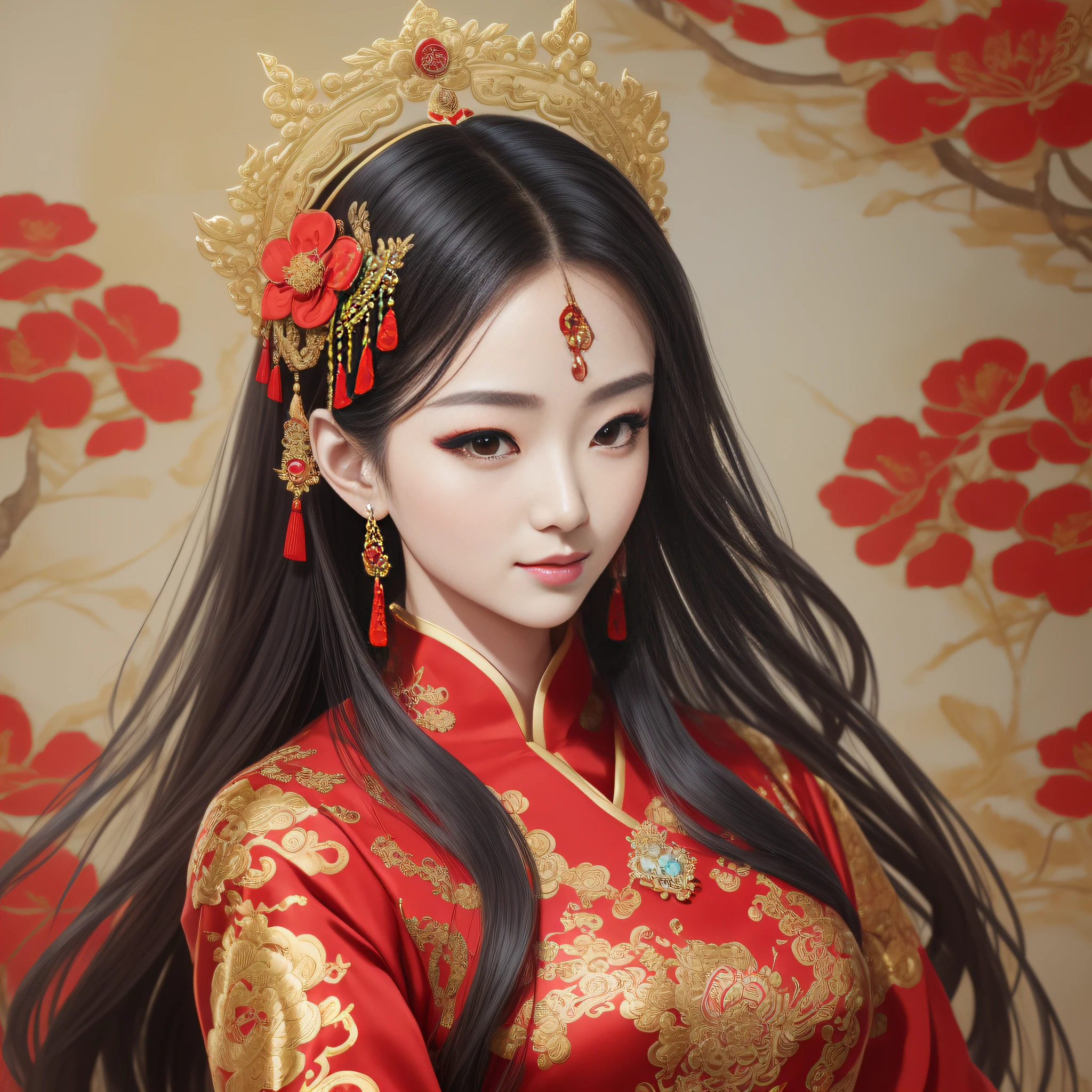 (8k, RAW Photo, Best Quality, Masterpiece: 1.2), (Realistic, Realistic: 1.37), 1 Girl, Aalfi Woman Posing for Photo in Red Dress and Headdress, Gorgeous Role Play, Beautiful Costume, Complex Fantasy Dress, Beautiful Fantasy Queen, Chinese Dress, Complex Dress, Complex Costume, Traditional Beauty, Gorgeous Chinese Model, Chinese Costume, Inspired by Lan Ying, Wearing Gorgeous Costume, Inspired by Puhua, wearing elegant Chinese Xiuhe dress, Chinese wedding dress, Phoenix crown Xia hand, antique bride