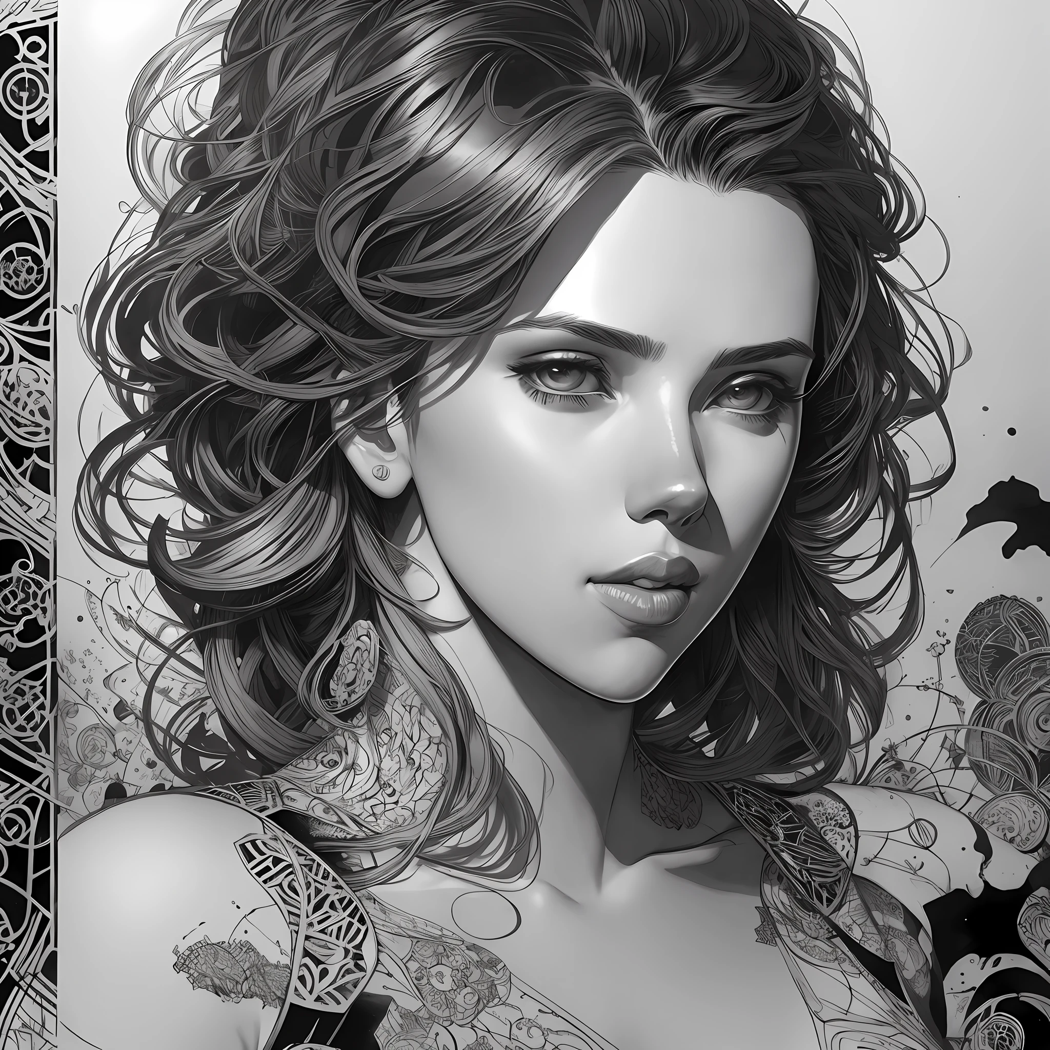 Portrait of scarlett Johansson, pen and ink, intricate line drawings, by Craig Mullins, Ruan Jia, Kentaro Miura, Greg Ruttowski, Loundraw --auto --s2