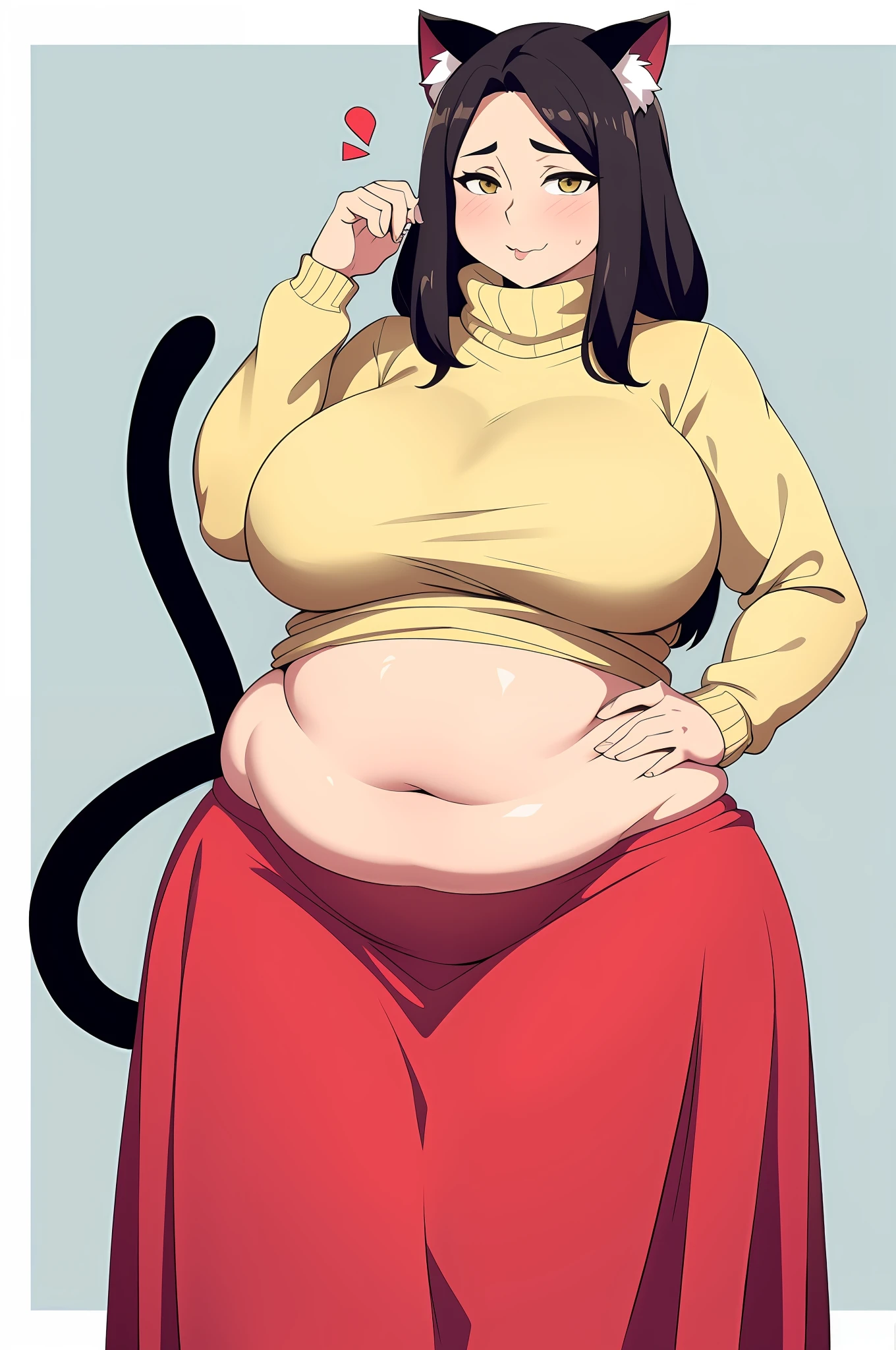 1girl, milf, looking at viewer, plump, tummy showing, cute, big breasts, adorable, sweater, anime, long skirt, cat ears, cat tail, blep, eyes rolled back, huge tummy, fat tummy, mature woman