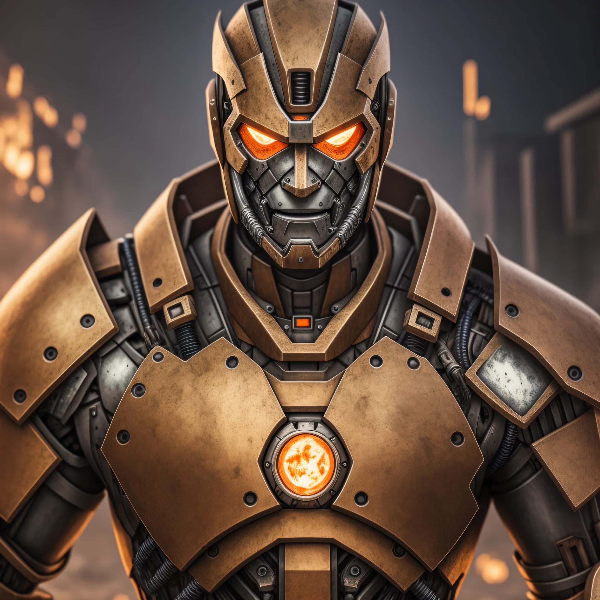 a mechanical cyborg man warrior, partially rusted armor, scorching heat, future, [[[[closeup]]]], [[[[face]]], [[[[[neck]]], [[[[shoulders]]], perfect eyes, strong front light, brightness, HDR, vibrant colors, ultra high resolution, maximum level of detail and