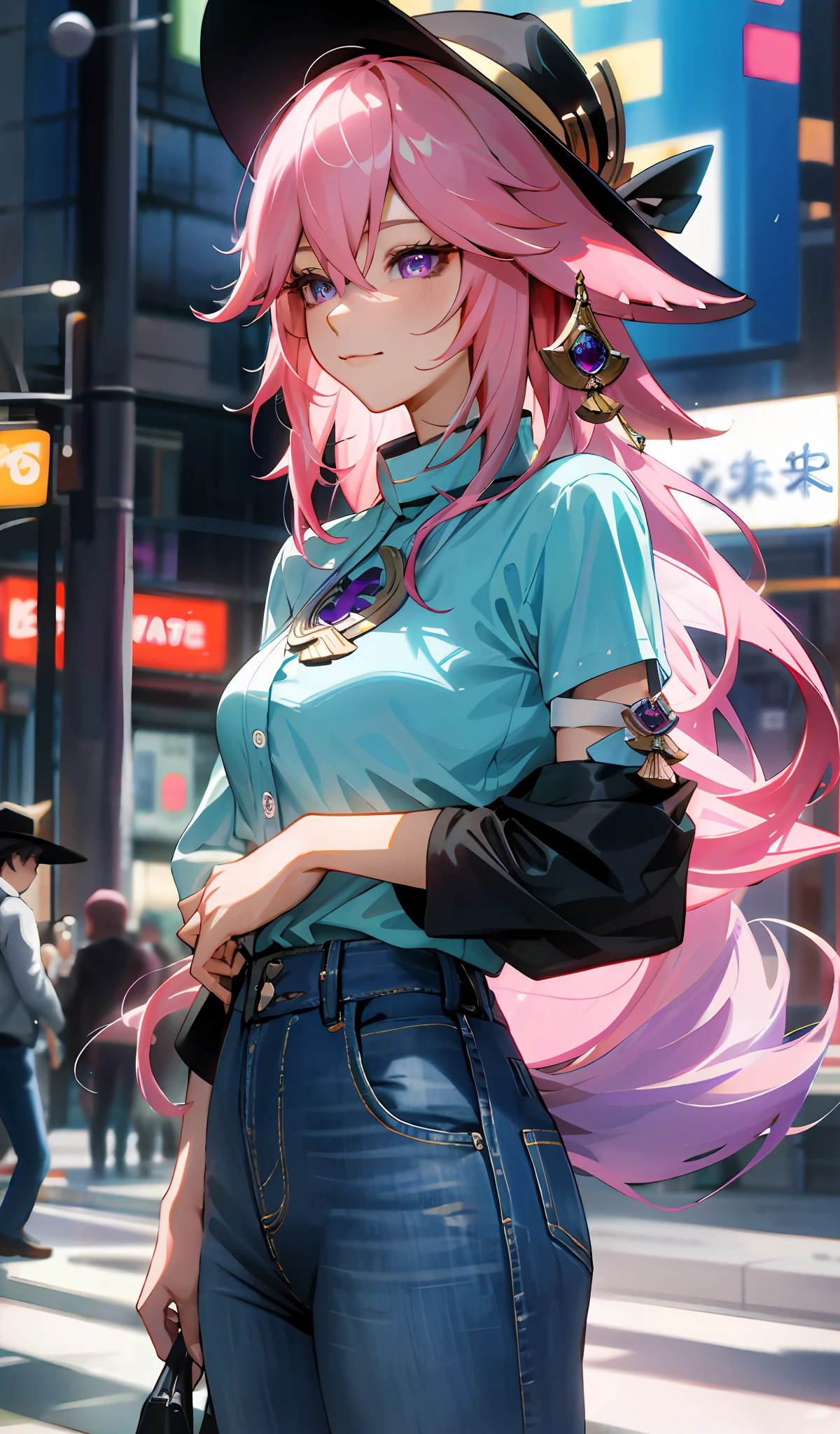 4k, realistic, high detailed, super eyes detailed, fashion clothes,blue jeans, cyan shirt, black hat, long hair, in the city, pink hair, purple eyes, yae miko