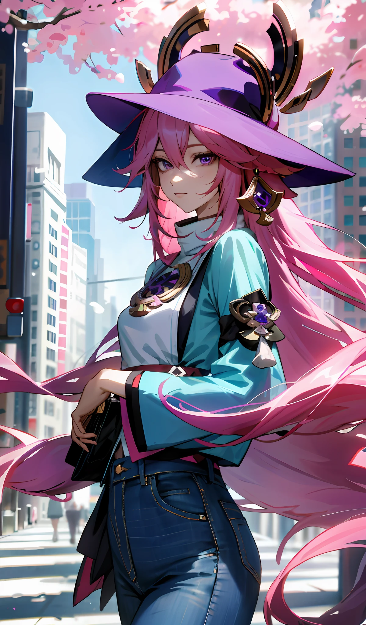 4k, realistic, high detailed, super eyes detailed, fashion clothes,blue jeans, cyan shirt, black hat, long hair, in the city,  pink hair, purple eyes, yae miko