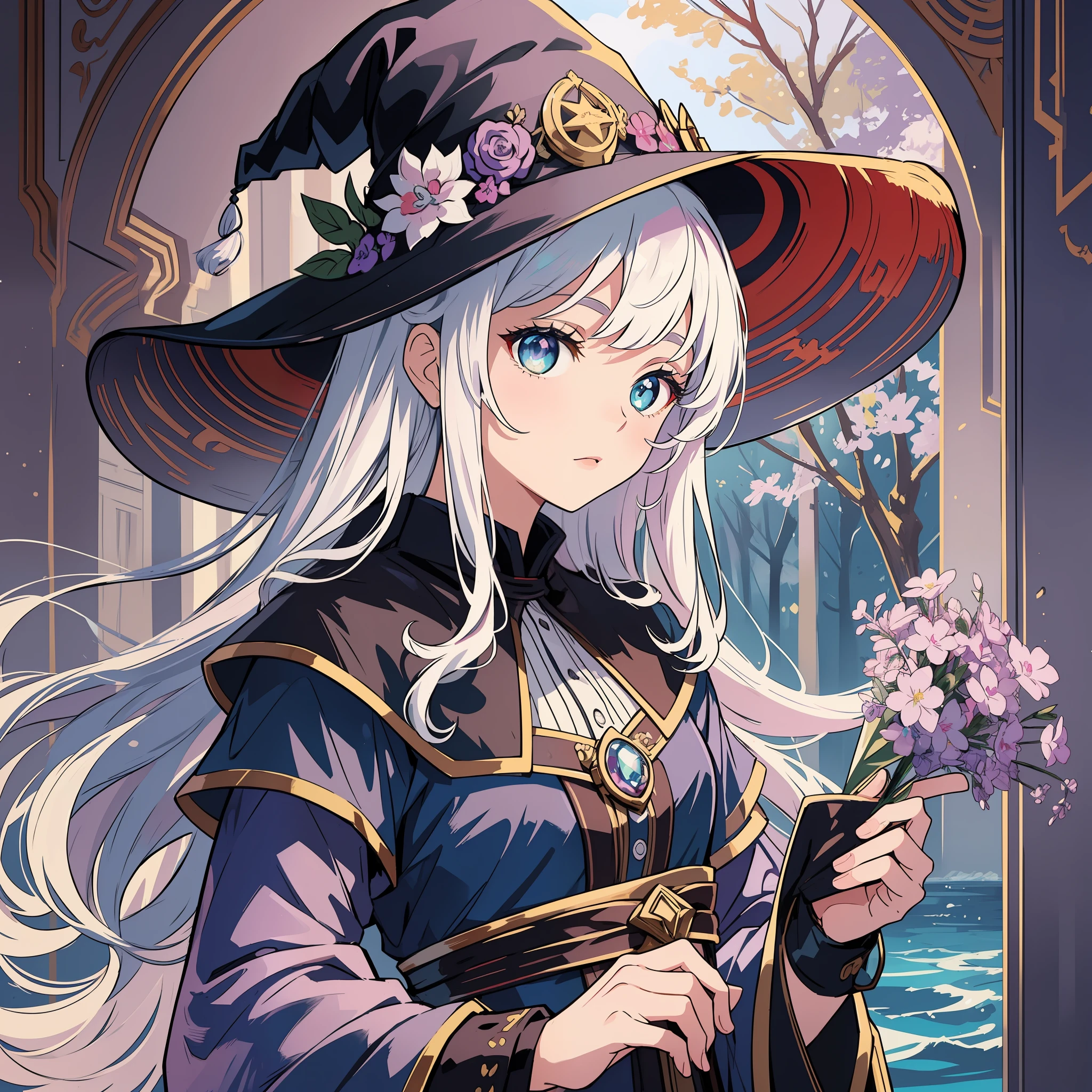 (masterpiece), (work of art), (amazing work), (detailed eyes), (delicate skin), (heterochromatic eyes:1.333)0.4], (multicolored, different, heterochromatic:1.122)0.4], highlighting her multicolored eyes, different, (short white hair with bangs), (sparkling eyes), (1girl) with witch's hat, ancient, old, wearing extravagant medieval clothes, masterpiece, best quality, best desinger, best illustration, water background, indirect linear soft shading,  dim light, low light