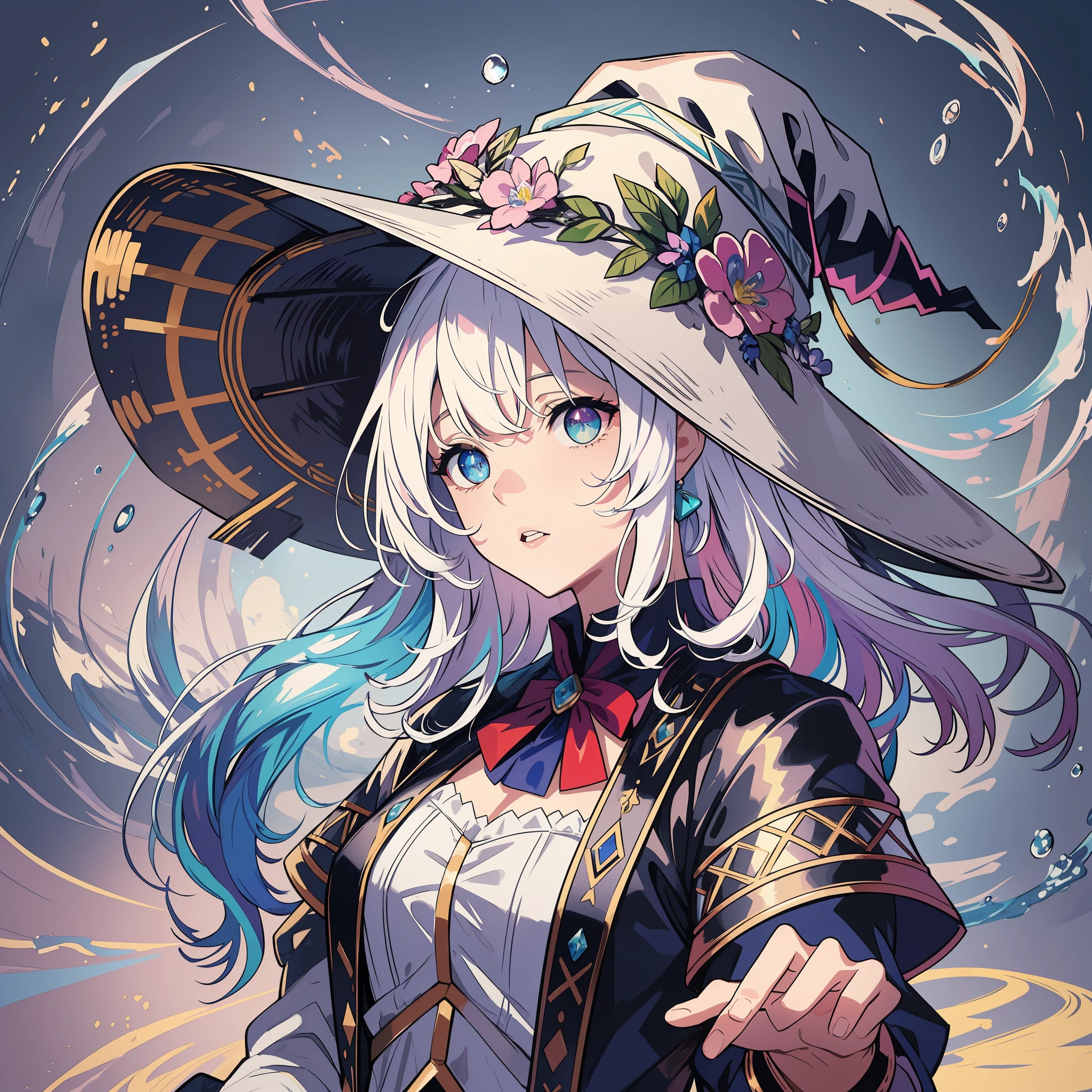 (masterpiece), (work of art), (amazing work), (detailed eyes), (delicate skin), (heterochromatic eyes:1.333)0.4], (multicolored, different, heterochromatic:1.122)0.4], highlighting her multicolored eyes, different, (short white hair with bangs), (sparkling eyes), (1girl) with witch's hat, ancient, old, wearing extravagant medieval clothes, masterpiece, best quality, best desinger, best illustration, water background, indirect linear soft shading,  dim light, low light