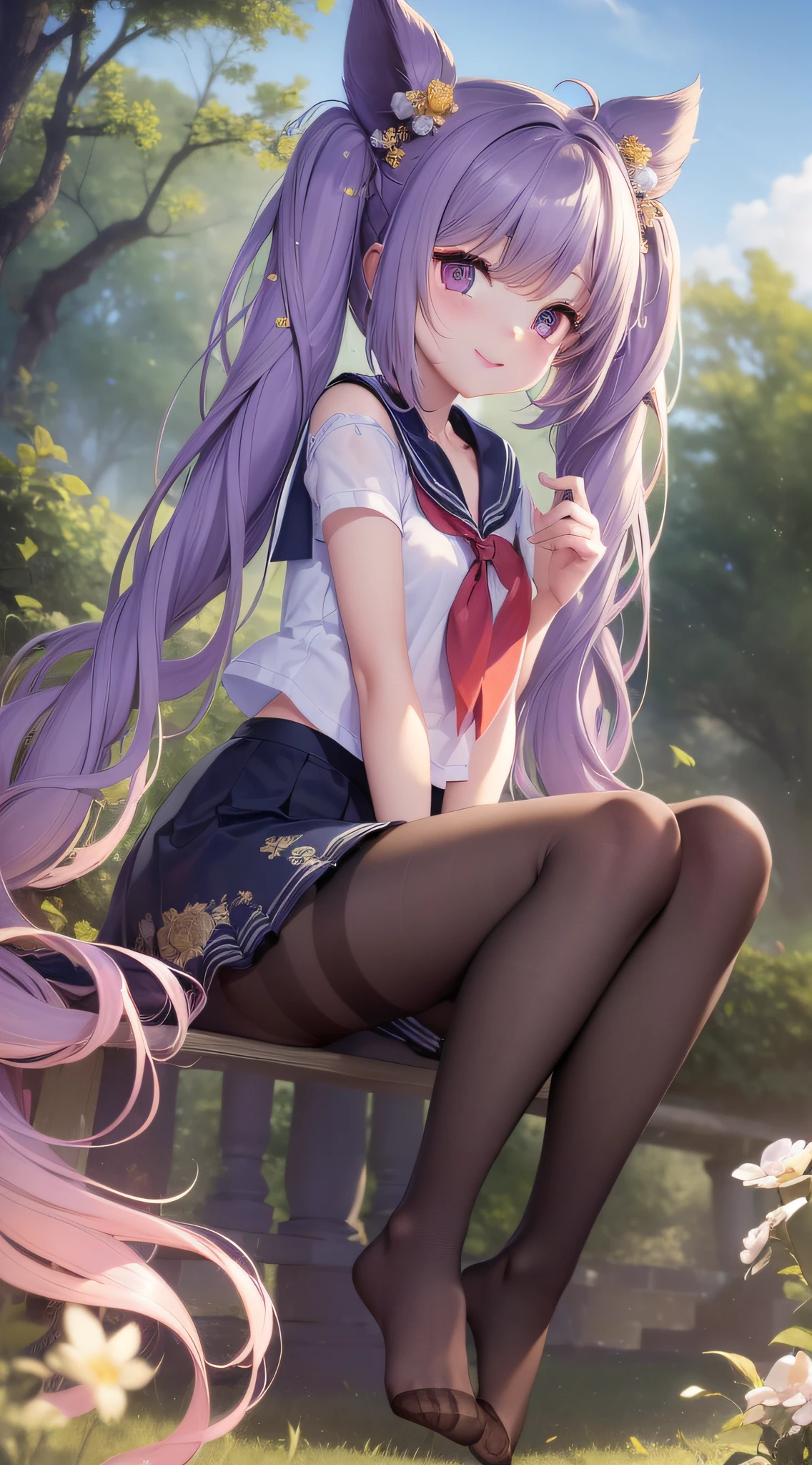 , solo, looking at the audience, :d, full body, dark eyes, long hair, violet hair, (twintails:1.2), (curvy), skinny, , , (hug legs), (sailor shirt, miniskirt, thighband pantyhose:1.3), dynamic angle, floating, decoration, painting, depth of field, depth of field, depth of field, depth, nature, beautiful detailed girl, extremely detailed eyes and face, beautiful detail eyes, detail light, movie lighting, , light leak, sunlight, shine, beautiful details glow, ridiculous, incredibly ridiculous, huge file size, super detailed, high resolution, very detailed, best quality, masterpiece, illustration, very delicate and beautiful, very detailed, CG, solidarity, 8k wallpaper, amazing, fine detail, masterpiece, best quality, official art, extremely detailed CG Unity 8k wallpaper, lens flare, defined "real" light source, golden hour, (14 years:1.3),(feet focus:1.5),short sleeves,,(),(cute face:1.4),(see through:1.2)