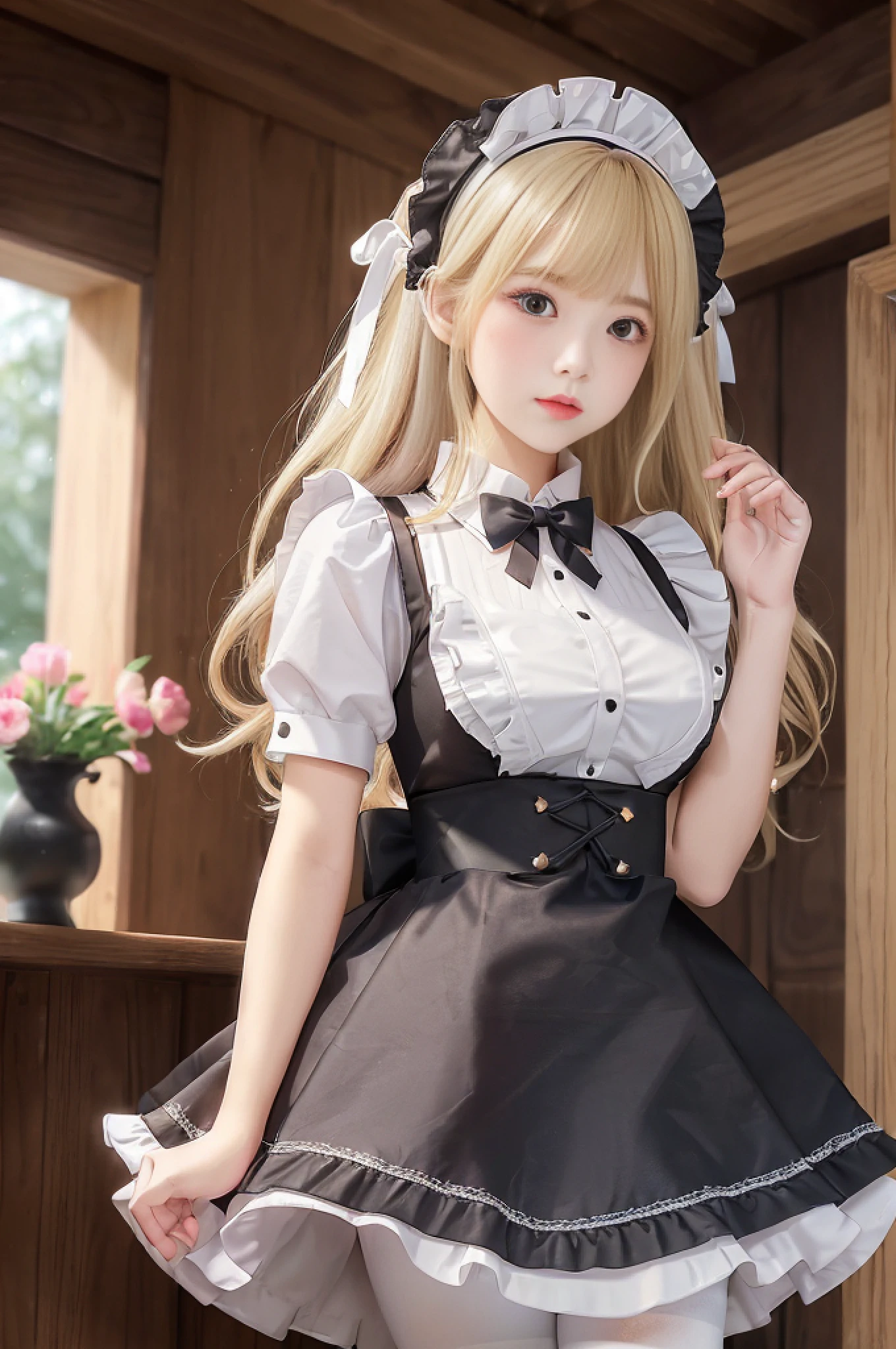 High Waist Dress, Blush, ((Blonde, Blonde)), (((Maid Outfit))), (Black and White Ruffle Dress), Solo 1girl, ((Thigh)), Headdress, Headband, Frilled Skirt, Bright Colors, Saturated Colors, Bright Colors, Light, 8k Lifelike Lighting, Skirt, White Bow, Tits, Red Bow, Standing, Small Tits, [Denim Lens], Indoors, ((((Fine Fingers))), Smooth Jawline, ((No Fingers)), (White Pantyhose)) )