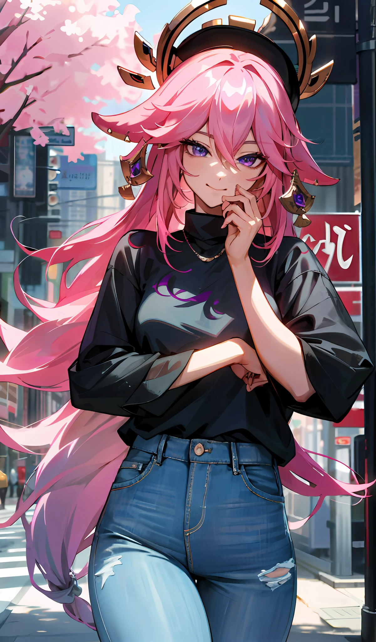 4k, realistic, high detailed, super eyes detailed, fashion clothes,blue jeans, cyan shirt, black hat, long hair, in the city, pink hair, purple eyes, yae miko, poster