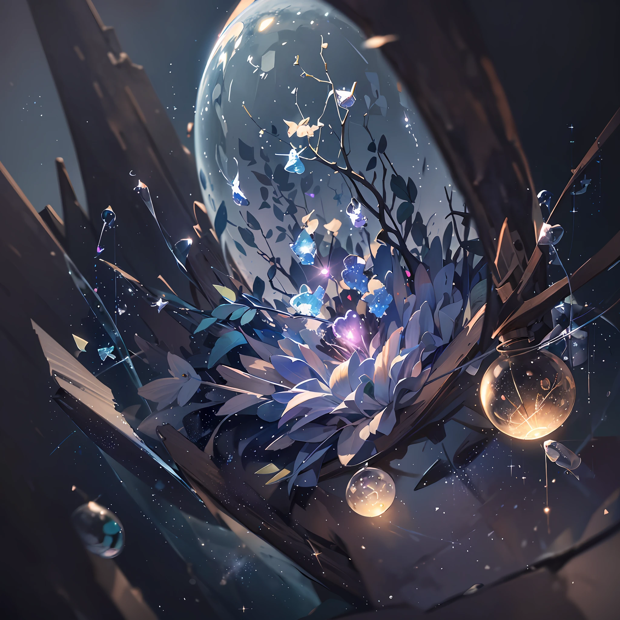 Computer, Makoto Shinkai, Extensive landscape ultrasound photography soap bubbles, full moon, night sky, shards (general view showing soap bubbles breaking into shards),inside the soap bubble fragments reflected moon, meteor shower, (ultradetailed), full moon, (detailed), shards, glass (detailed), night night, moon reflection, (1:3), fireflies (1:3), BREAK production art, (cold light source:1.2), (Firefly:1.2), purple, fire particles,  colors, intricate details, volumetric lighting, realistic fantasy BREAK (masterpiece:1.2), (best quality), 4k, ultra-detailed, (dynamic composition: 1.4), high detailed, colorful details, (gloomy colors: 1.2), (luminous lighting, atmospheric lighting), gloomy, dark, magical --auto --s2