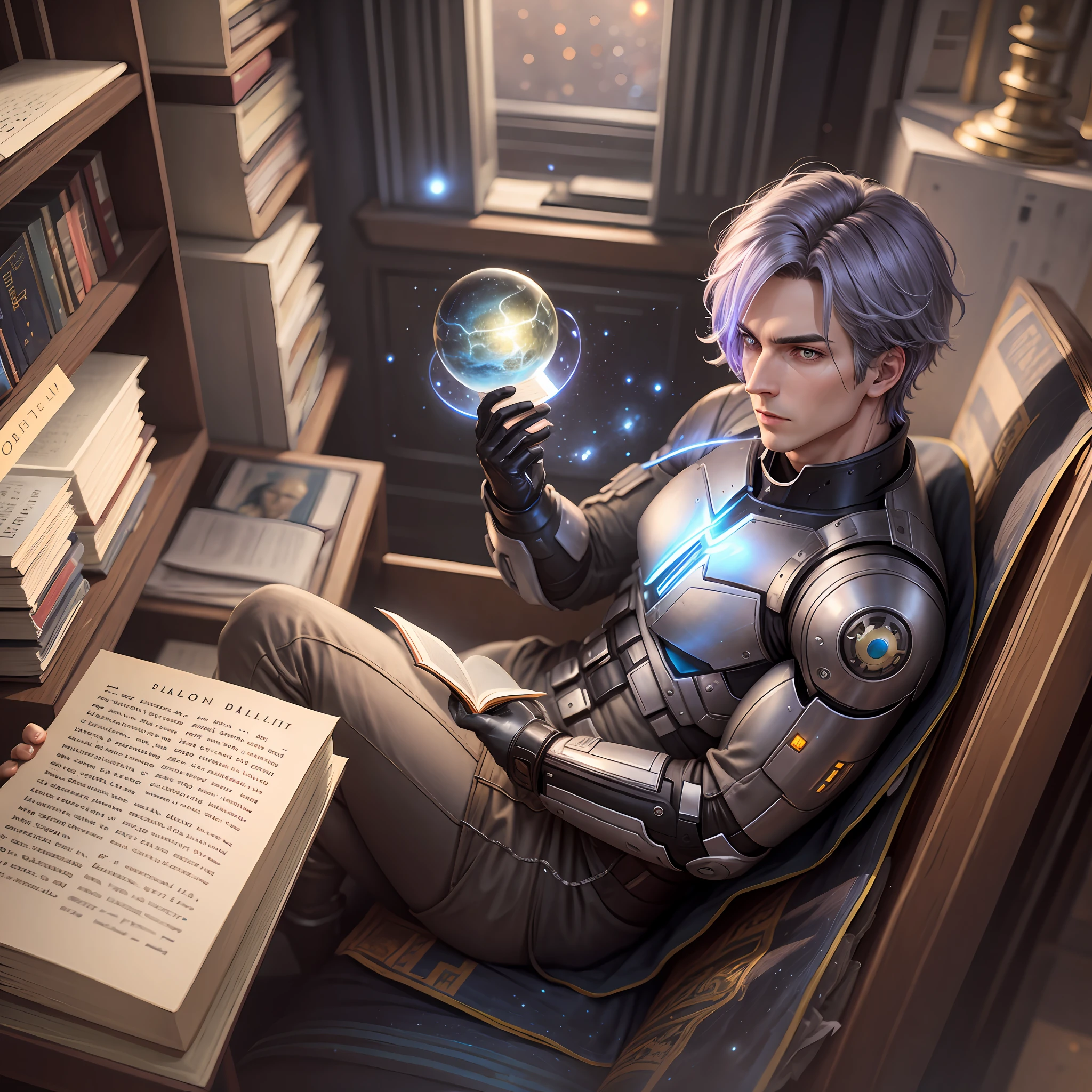 Male android reading an old book flying through the galaxy