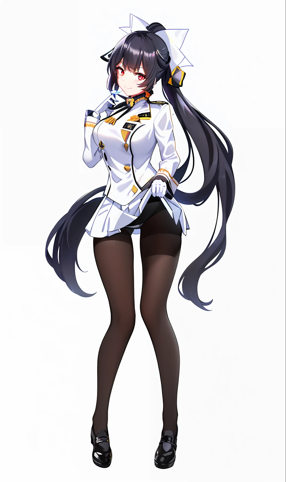 ((Azure Lane)), ((Kaohsiung)), long black hair, large white ribbon ponytail, (white marine uniform: 1.2), (white miniskirt: 1.2), black pantyhose, loafers, (NSFW: 1.9)
{One girl in the middle}, (: 0.7), (: 0.9), great smile,
(from the bottom: 1.05), (dynamic_angle: 0.6), (beautiful and detailed face, shiny skin), (detailed eyes, sharp eyes, clear pupils: 0.8), eyelashes,
(Semi-realistic:1.0), Masterpiece, (High Saturation:0.95), Beautiful Background, (Clear), (Unity 8k wallpaper, realistic shadows: 0.8), Best Beauty, Best Quality, High Resolution,