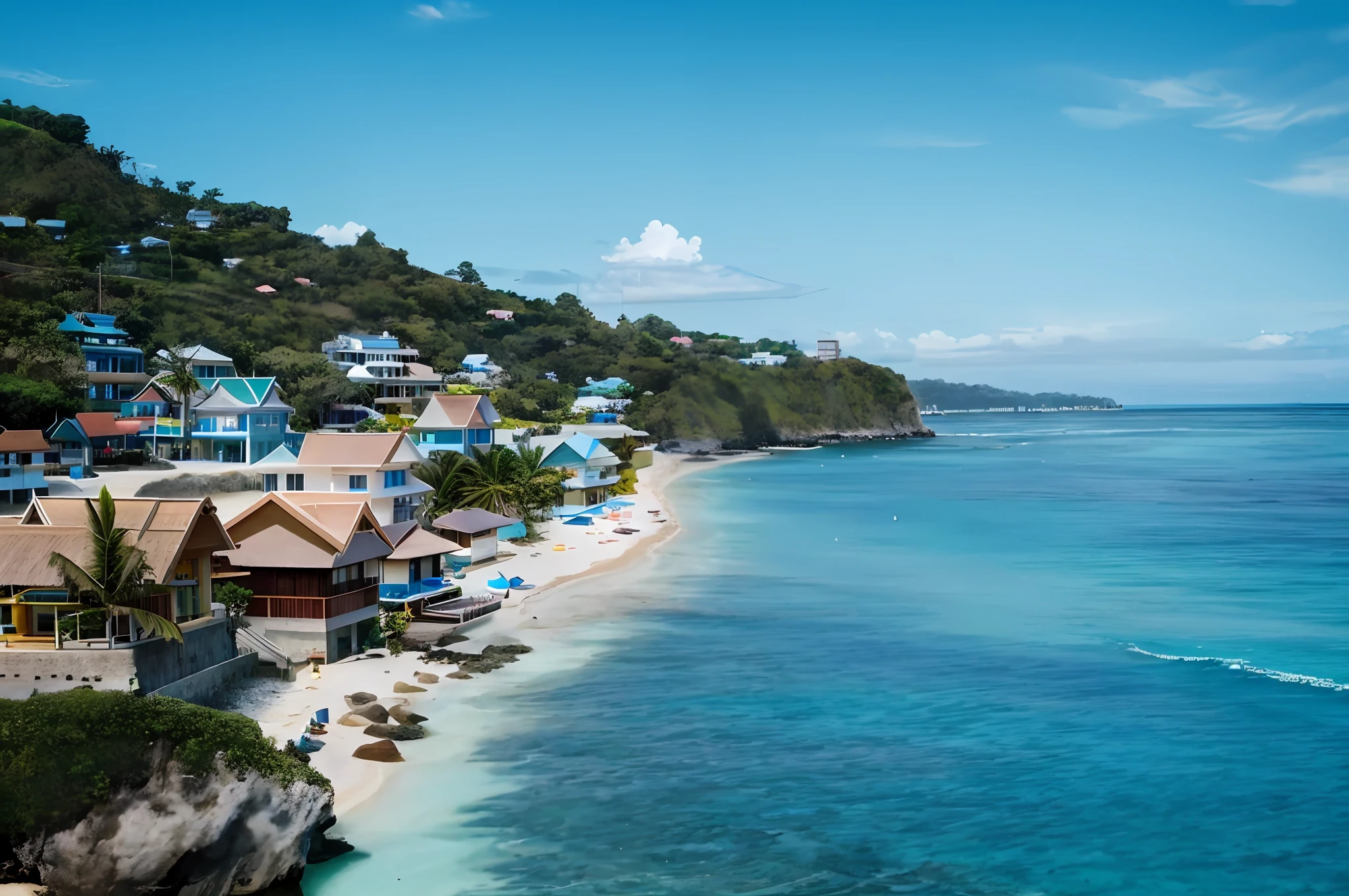 a view of a beach with a few houses on the shore, tropical coastal city, jamaica, thailand, beachfront, tourist destination, overlooking the beach, blue waters, cliffside town, colors of jamaica, okinawa japan, tropical location, paradise in the background, beautiful high resolution, azure blue water, bali, the village on the cliff, highly stylized, travel