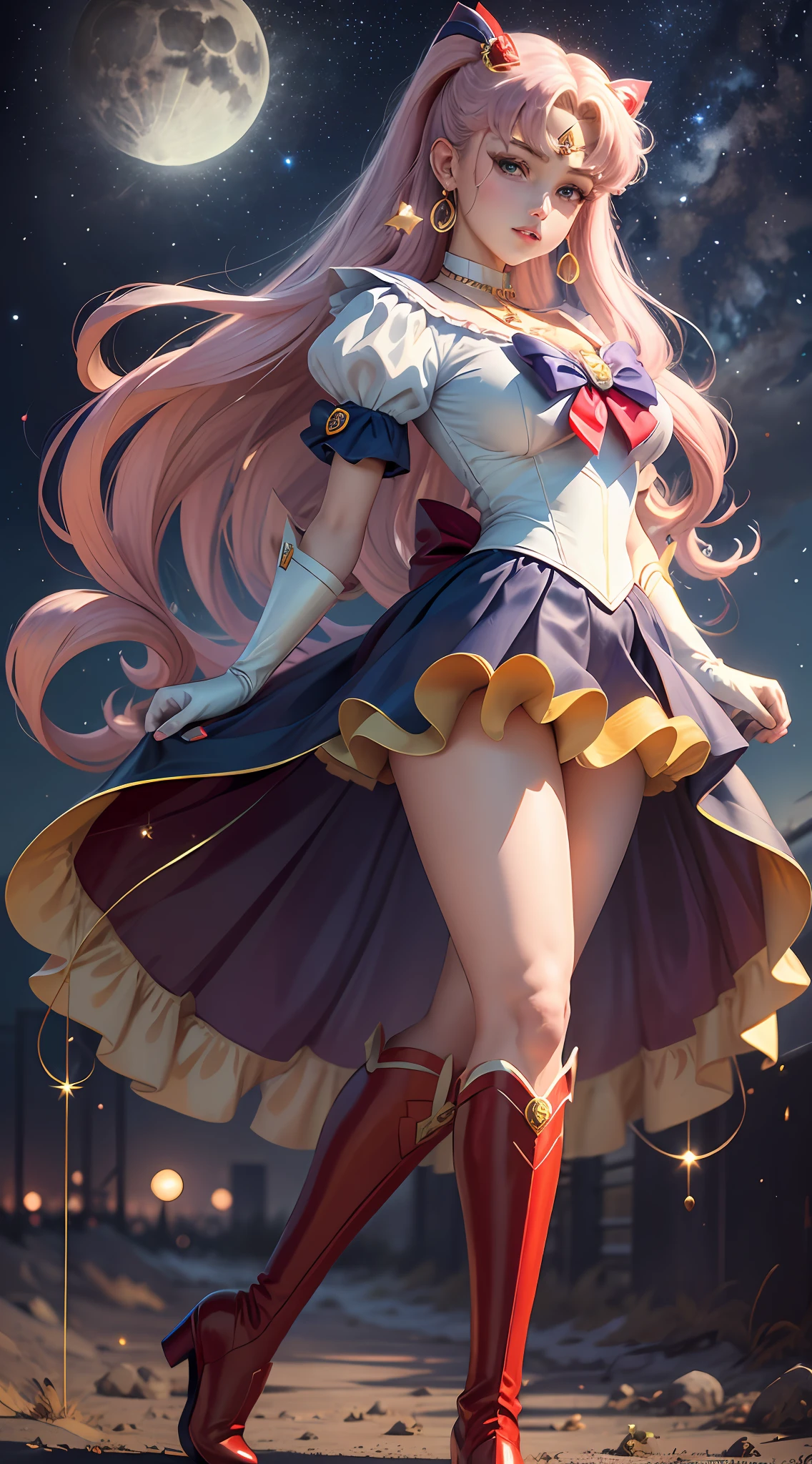 masterpiece, best quality, (1 girl), super sailor moon, cowboy shot, outdoor, night, moonlight, evening, starry sky, clean sky, clouds, white gloves, blue eyes, colorful clothes, sailor senishi uniform, multicolored skirt, hair ornament, red bow, brooches, brooches, heart brooch, earrings, crescent, heart necklace, heart, very long hair, crescent earrings, tiara, yellow necklace, boots, knee boots, red shoes, posing, standing, --auto --s2
