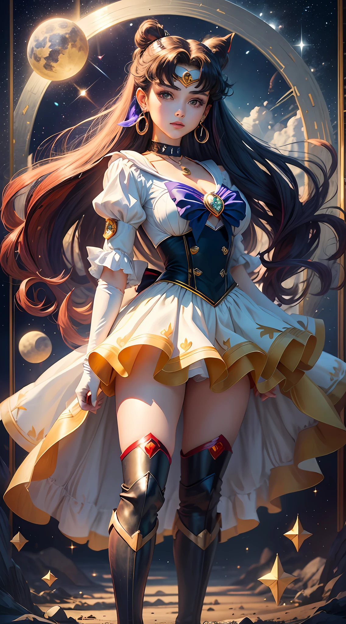 masterpiece, best quality, (1 girl), super sailor moon, cowboy shot, outdoor, night, moonlight, evening, starry sky, clean sky, clouds, white gloves, blue eyes, colorful clothes, sailor senishi uniform, multicolored skirt, hair ornament, red bow, brooches, brooches, heart brooch, earrings, crescent, heart necklace, heart, very long hair, crescent earrings, tiara, yellow necklace, boots, knee boots, red shoes, posing, standing, --auto --s2