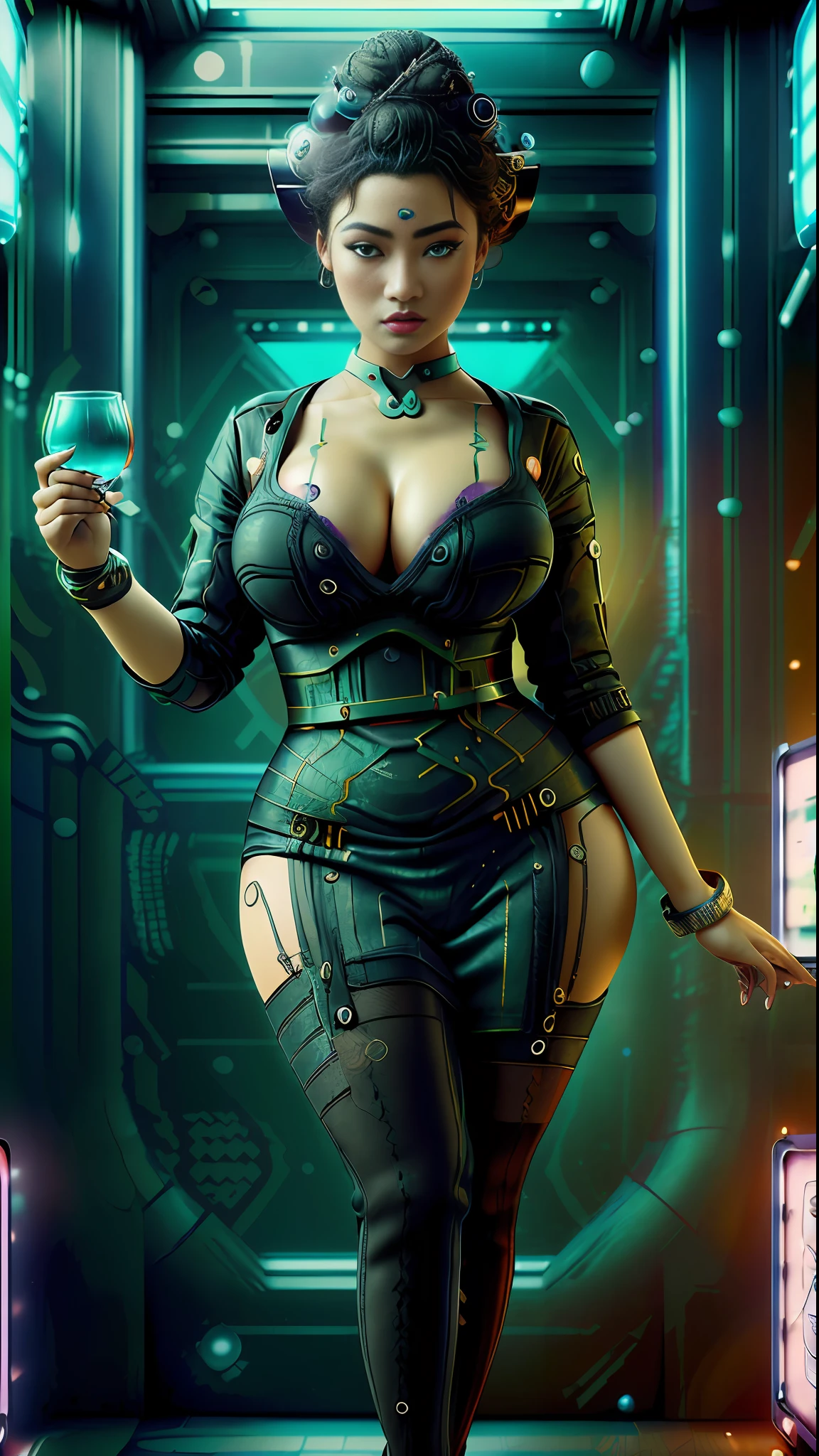 ((Best quality)), ((masterpiece)), (detailed: 1.4), 3D, cyberpunk, a beautiful african girl with big breasts thick thighs, wearing extremely sexy cat woman cosplay, in a long hallway with glass walls looking into rooms filled with researchers and science experiments and artwork and machines cinematic teal dark hbo, (((realy luxuriant afro-textured hair rainbowned))), gorgeous, sexy, curvy, busty, (geisha eyes), ((heterochromia eyes)), (laced black stockings) (hyperrealistic), (high resolution), (8K)