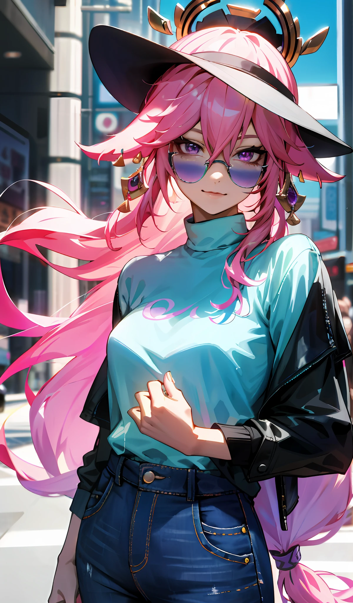 4k, realistic, high detailed, super eyes detailed, fashion clothes,blue jeans, cyan shirt, black hat, long hair, in the city, pink hair, purple eyes, yae miko, wearing trendy yellow sunglasses