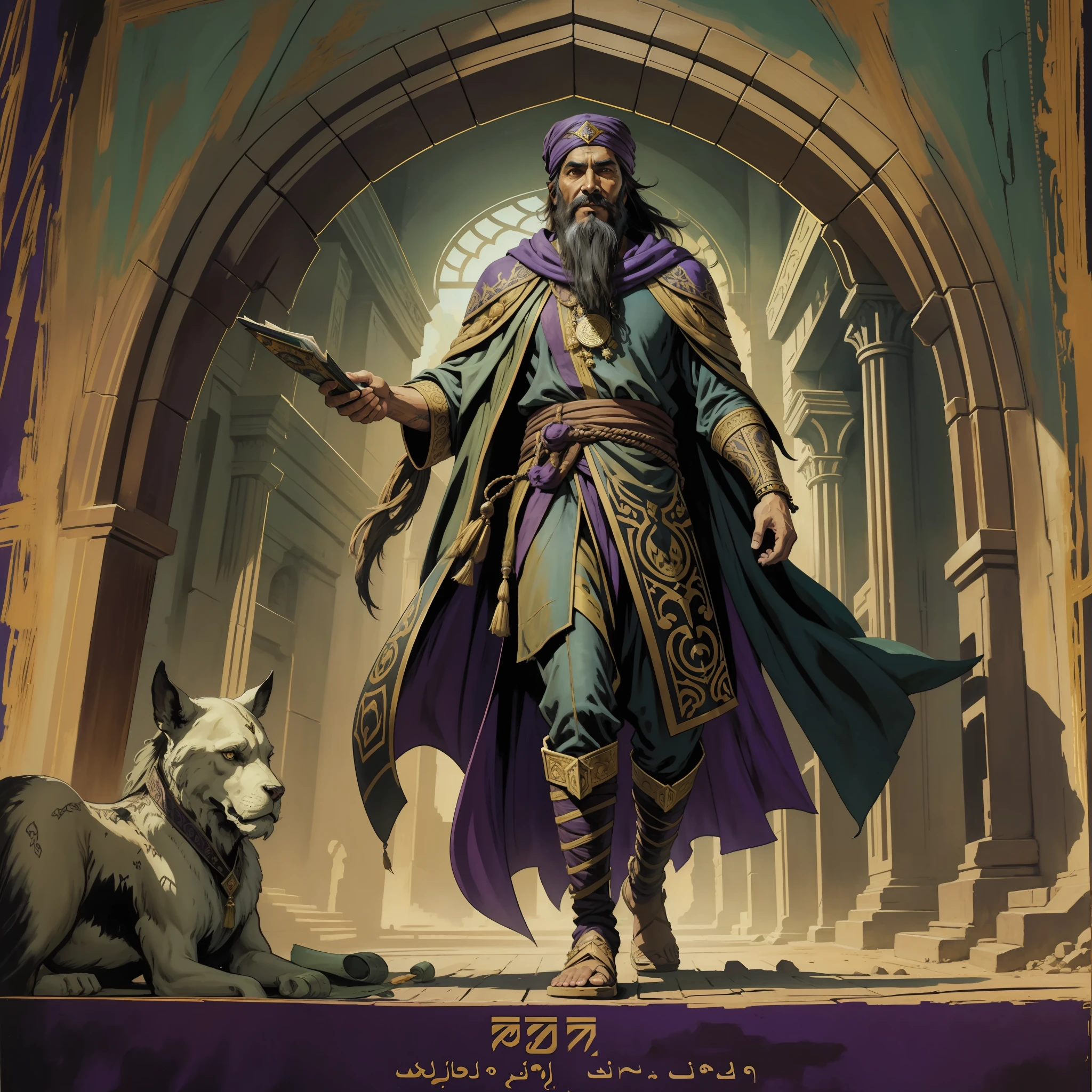 [A very old male Numidian sultan, smiling, dark skin, angular features, wrinkled, weathered, with a long dark black beard, with dark black hair, wearing a green and purple and gold brocade robe, wearing a yellow turban, portrait, HD, (oil painting:1.1), (comic book art style:1.5), (inked outline:1.3), fantasy illustration, character concept design, detailed clothing, sharp focus, dramatic, expansive], detailed Alhambra, detailed archway, detailed small room, intricate, elegant, highly detailed, Arabian nights, (muted natural colors:1.3), in painterly style by Jean Baptiste Monge