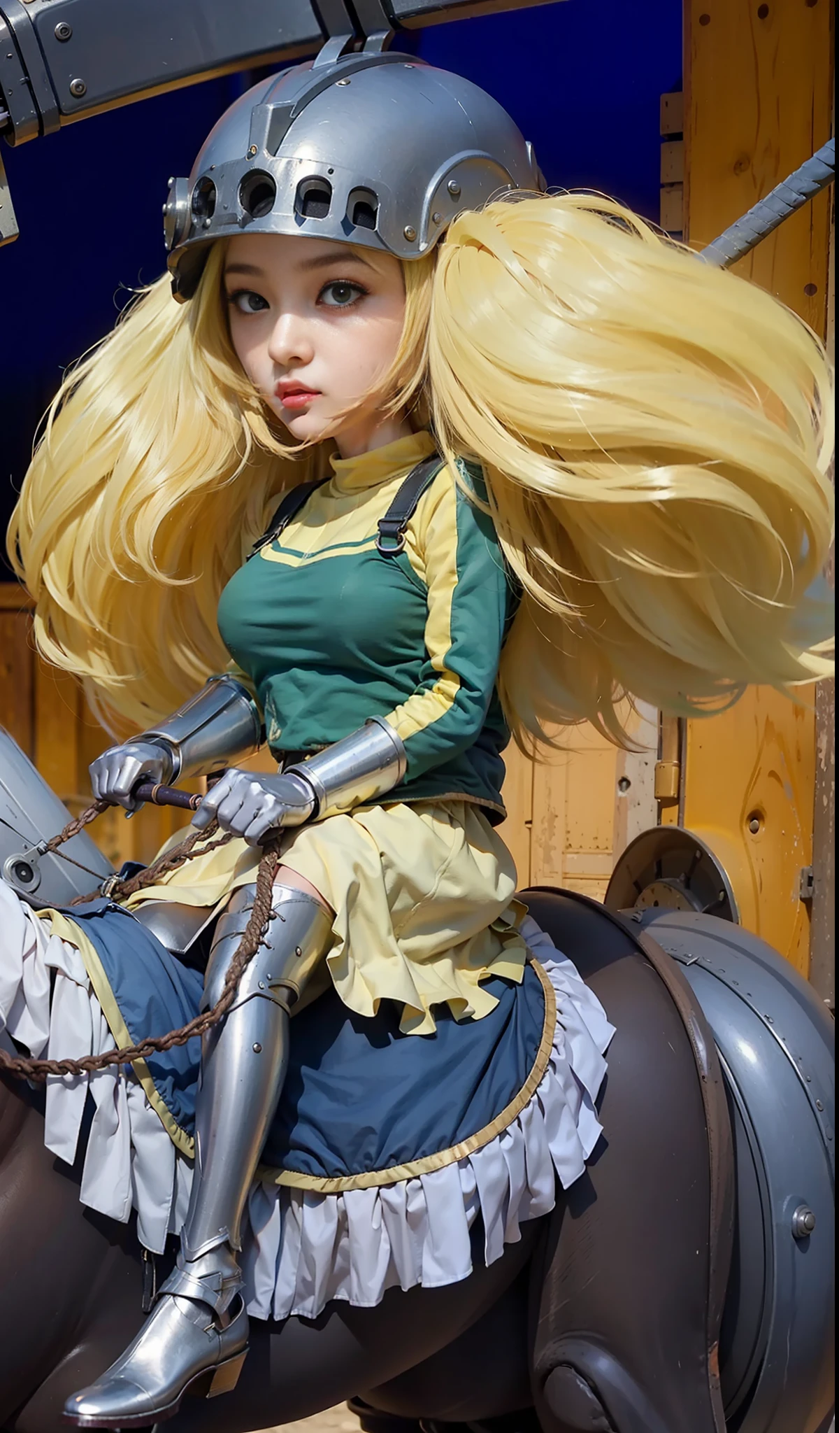 (female:1.2) (bodybuilder:0.8), masterpiece, photorealistic, 1girl, , yellow hair, large breasts, iron helmet, iron gloves, iron shoes, riding horse,