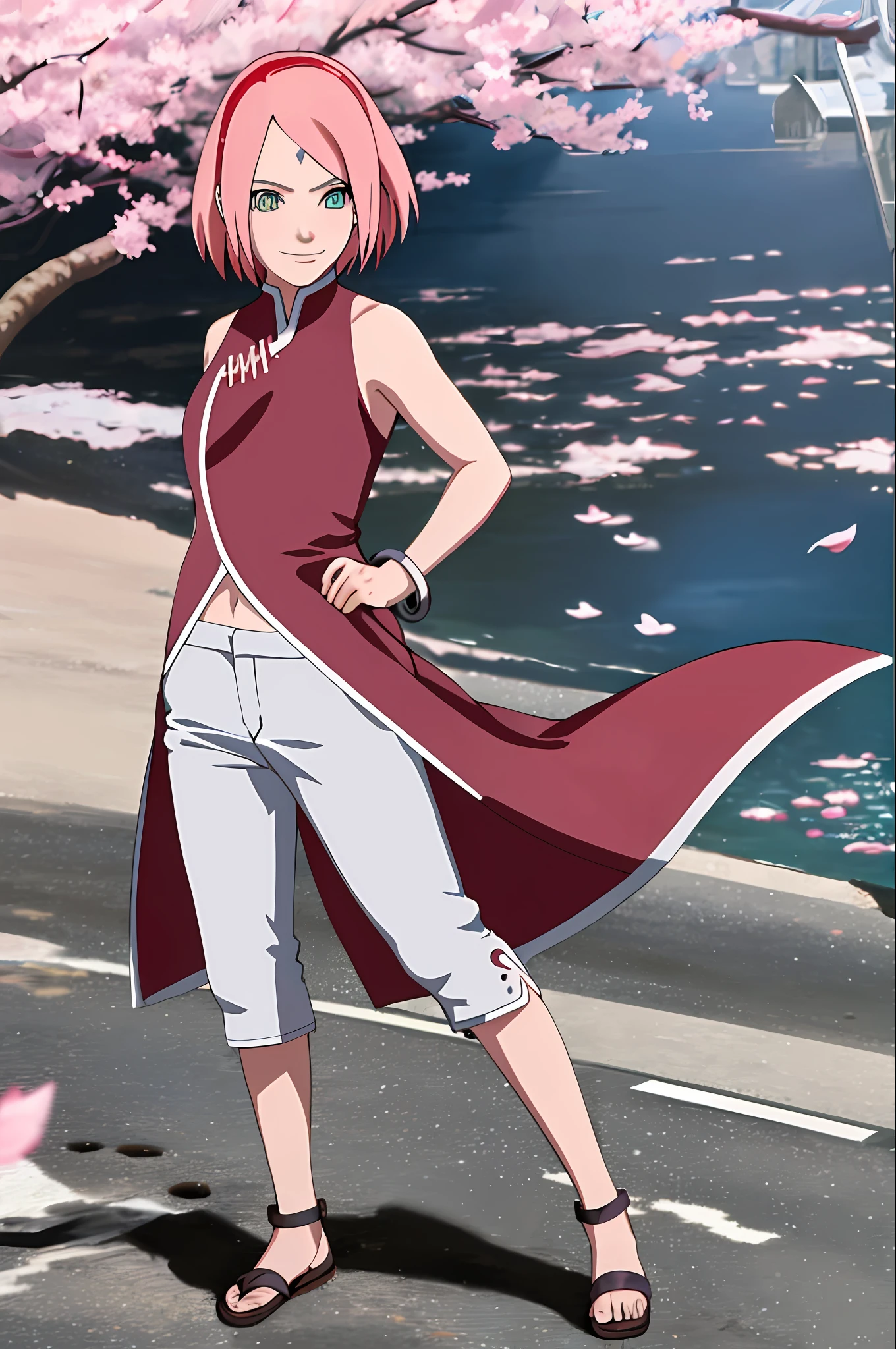 masterpiece, absurdres ,1girl, haruno sakura,forehead mark, red hairband, red sleeveless dress, white pants,navel, groin, bracelet, looking at viewer, crossed arms, smile, cherry blossoms, wind, floating hair, sexy pose, high quality, high res,