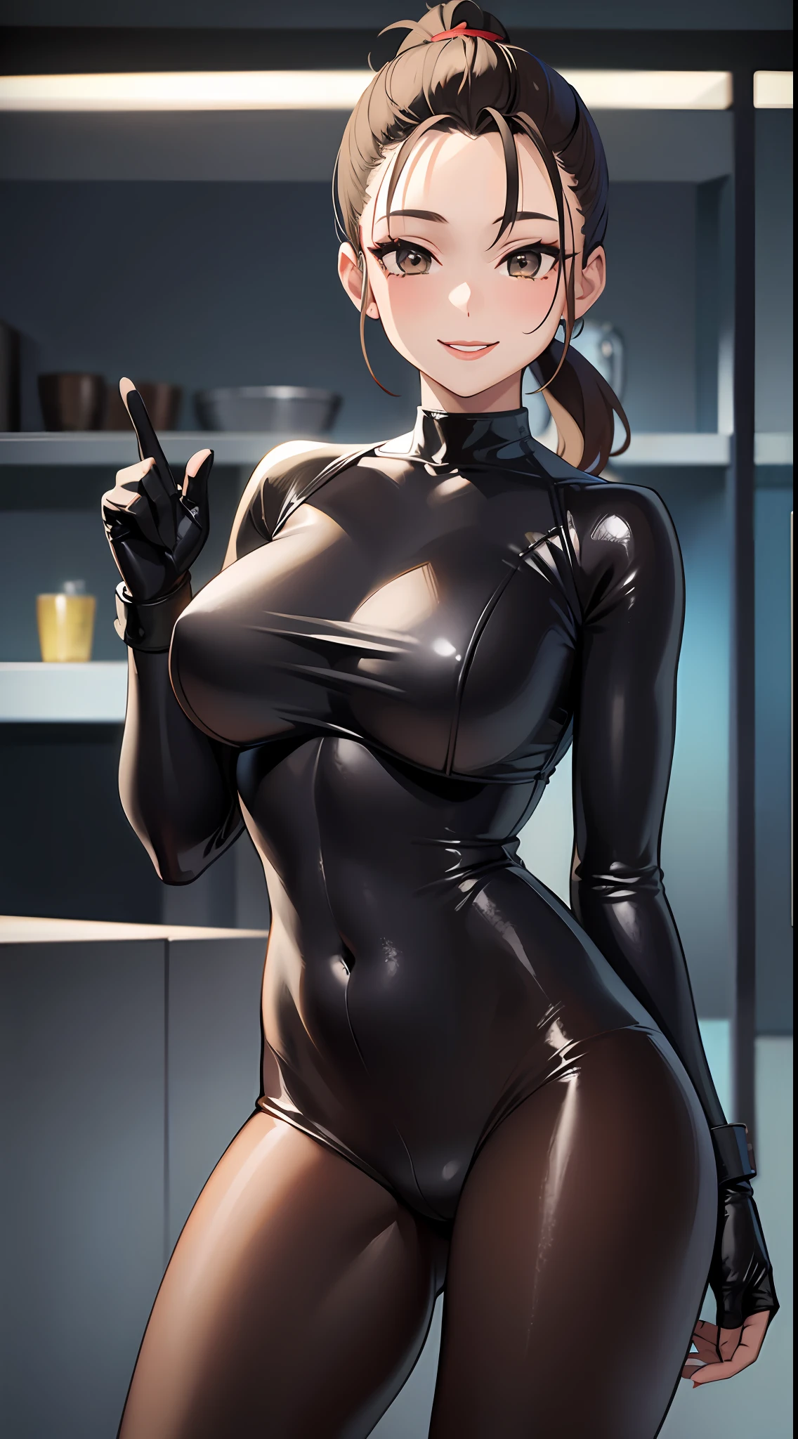 1girl, masterpiece, best quality, medium full shot, brown ponytail, (full bodysuit), busty, standing, smiling, crotch, sexy body, erotic pose, sexy lipstick