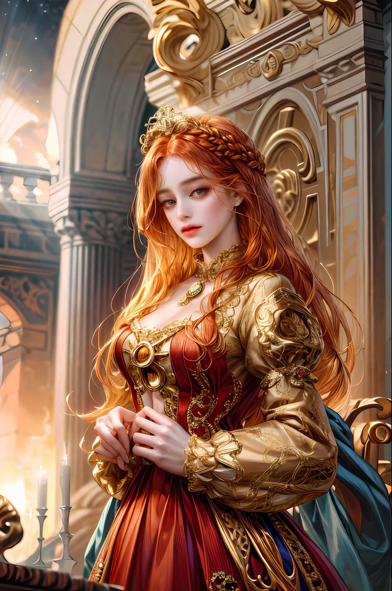 (absurdres, highres, ultra detailed), 1girl, zodiac sign - Aries goddess , solo, mature, Baroque, long dress, long sleeve, elegant, colorful, highest detailed, upper body , sunset hair . Fire eyes . Brave, willful, productive, enterprising humanitarian face .