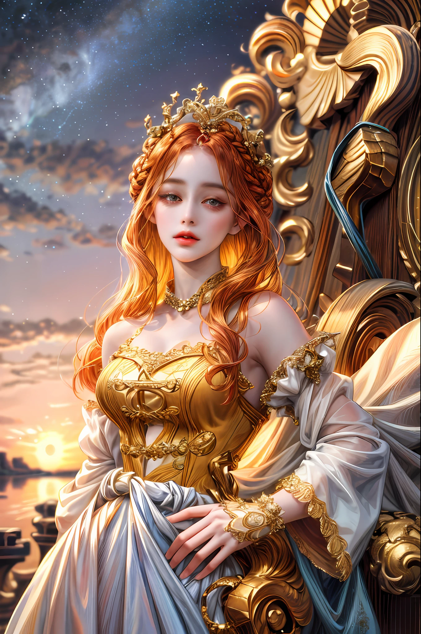 (absurdres, highres, ultra detailed), 1girl, zodiac sign - Aries goddess , solo, mature, Baroque, long dress, long sleeve, elegant, colorful, highest detailed, upper body , sunset hair . Fire eyes . Brave, willful, productive, enterprising humanitarian face .