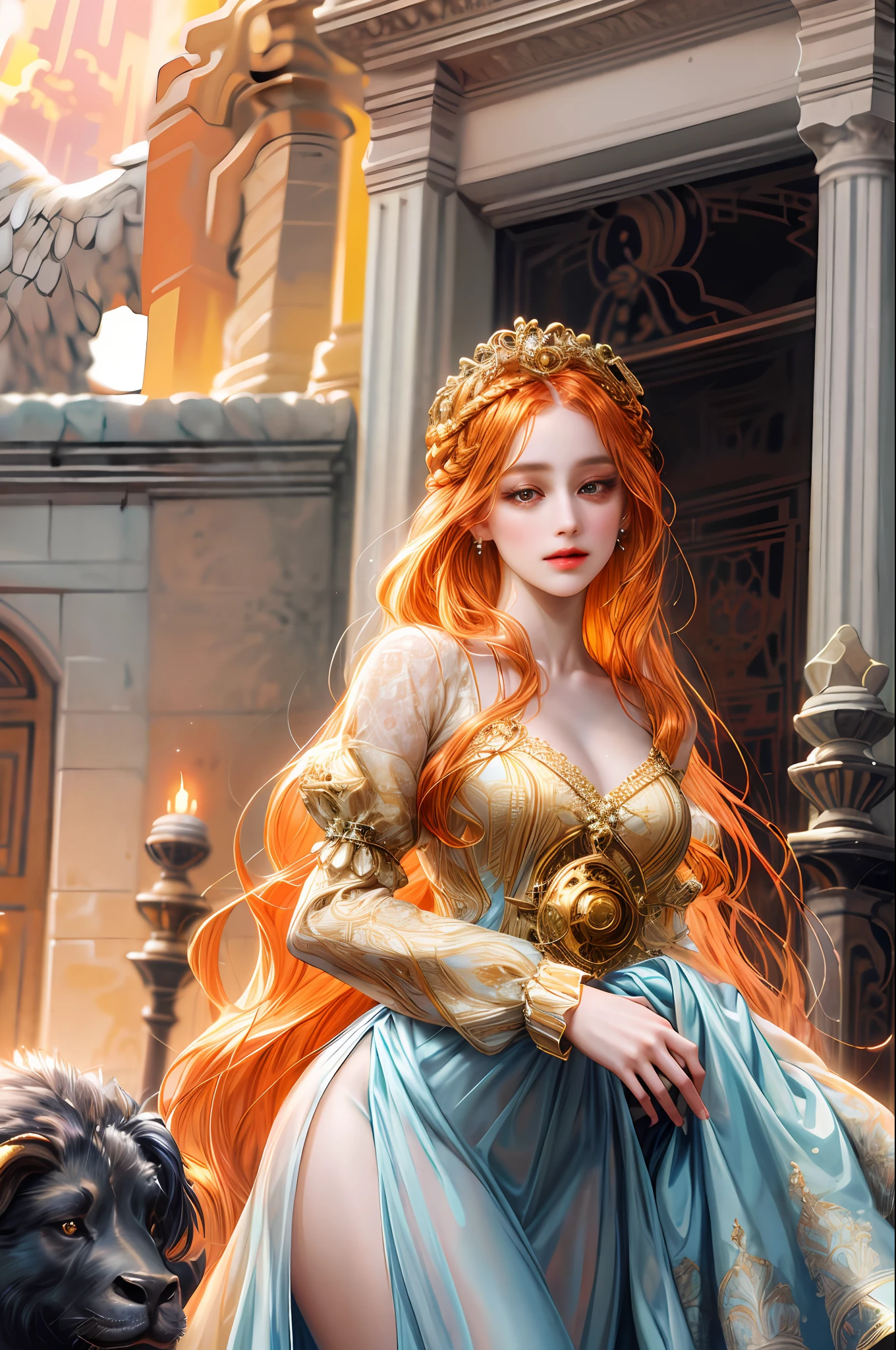 (absurdres, highres, ultra detailed), 1girl, zodiac sign - Aries goddess , solo, mature, Baroque, long dress, long sleeve, elegant, colorful, highest detailed, upper body , sunset hair . Fire eyes . Brave, willful, productive, enterprising humanitarian face .