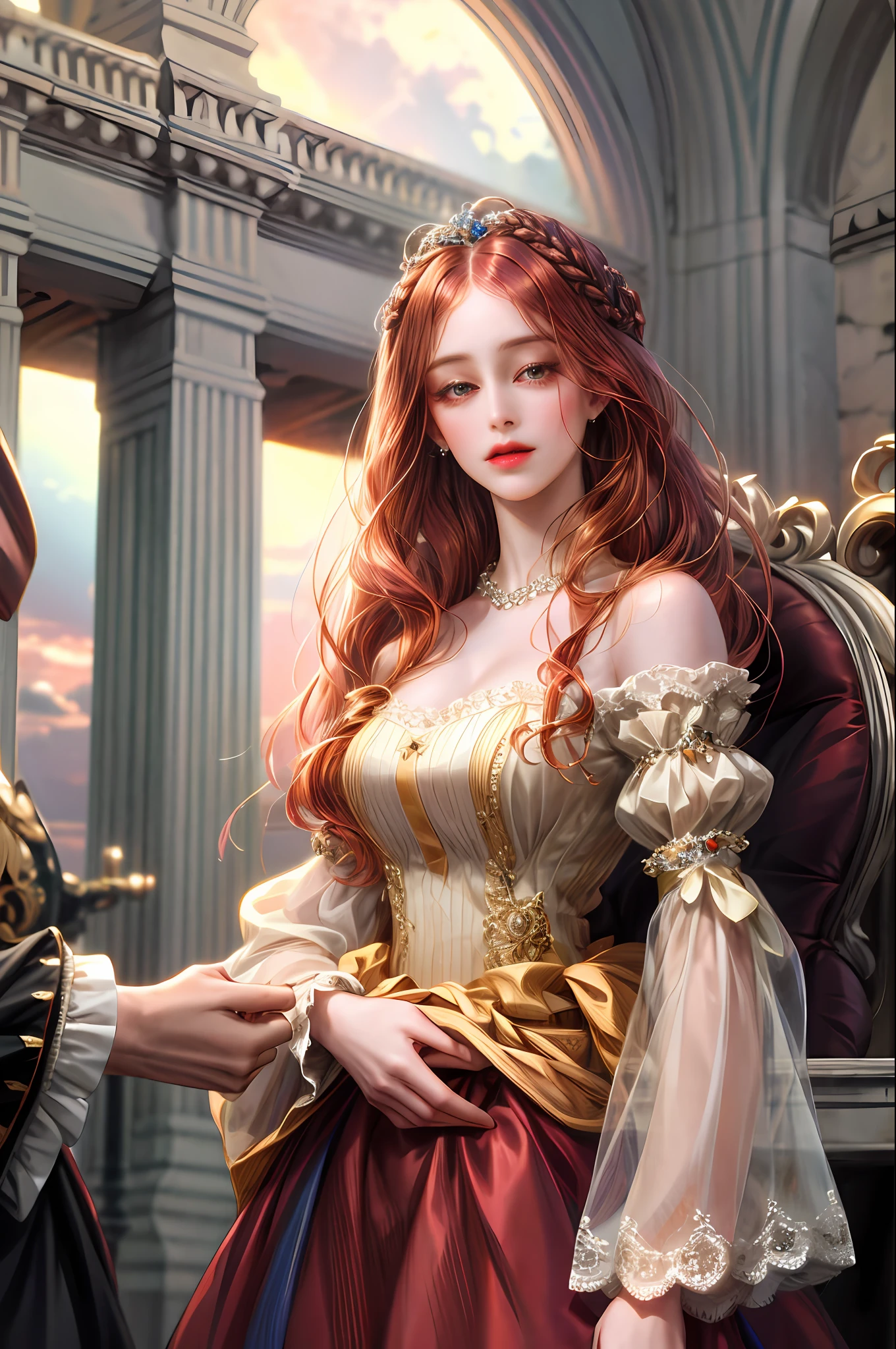 (absurdres, highres, ultra detailed), 1girl, solo, mature, Baroque, long dress, long sleeve, elegant, colorful, highest detailed, upper body , sunset hair