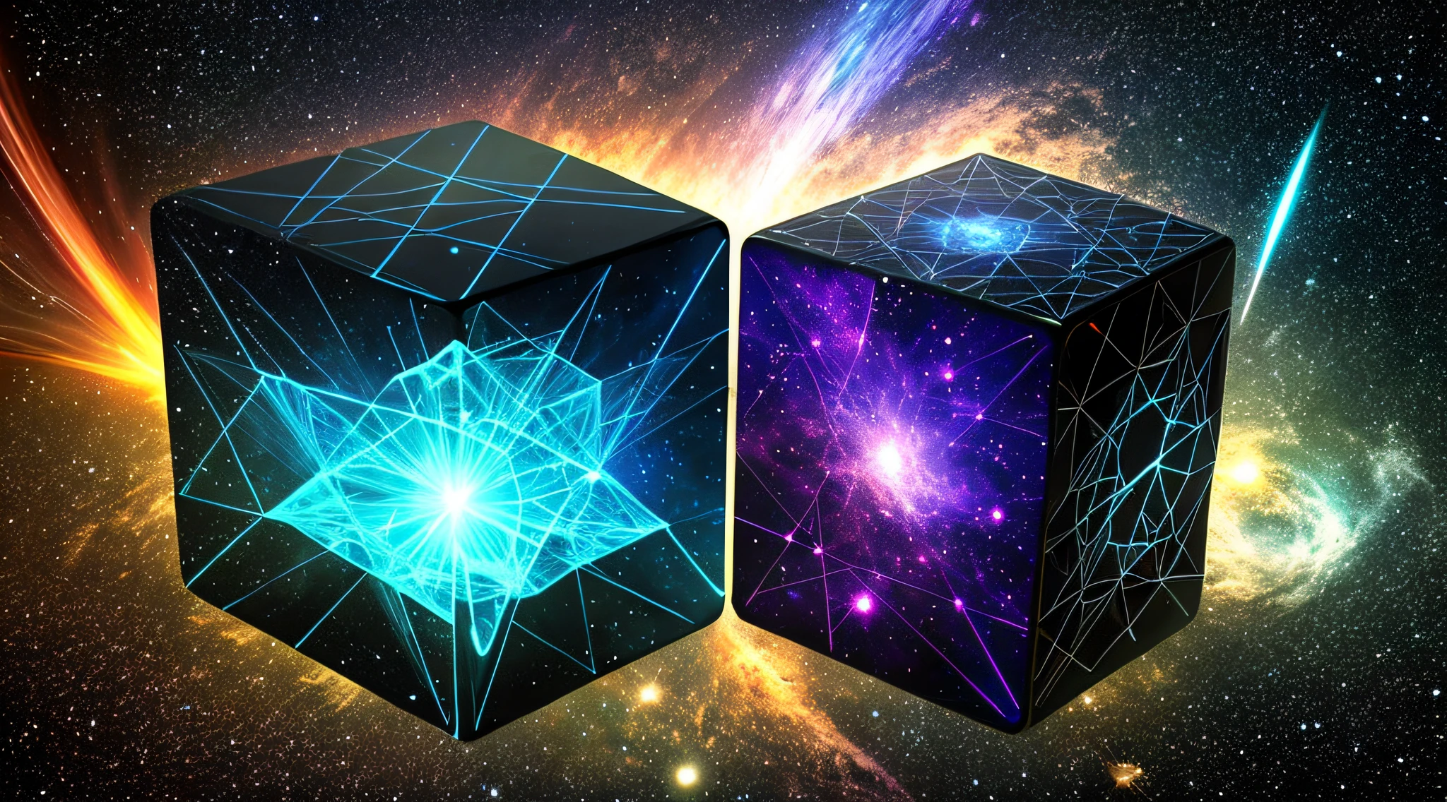 tesseract, strange geometry, confusing, multidimensional, unusual shapes, nebula, black hole, dark, destroyed planet, molten