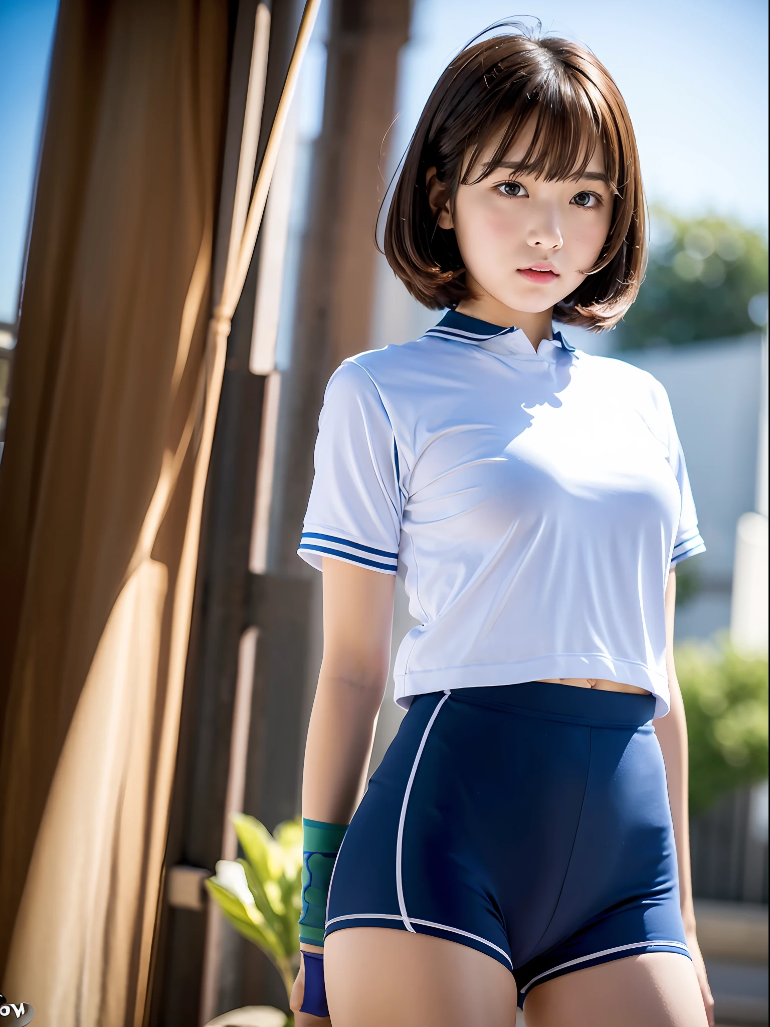 HDTV, 8K, masterpiece, UHD, Japanese female, 1 girl, beautiful girl, junior high school student, short brown hair blowing in the wind, bangs, dark blue bloomers, gym uniform, cameltoe,