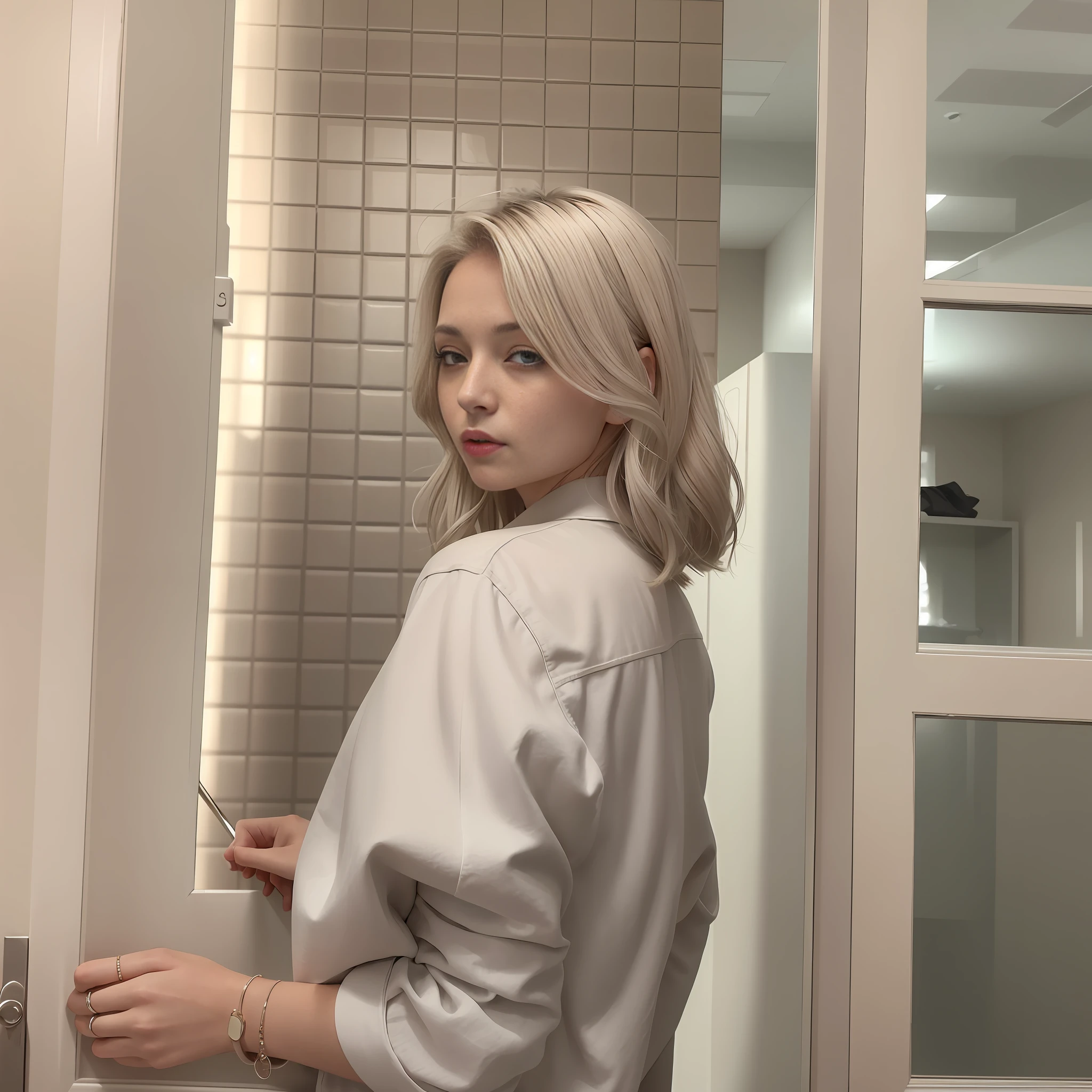 There is a woman standing in front of a glass door, Anna Nikonova aka Newmilky, i.agem realistic gray grey blonde hair, grey blonde hair, with short hair, beige hair, Yelena Belova, style of Julia Razumova, Sakimichan, 8k)), elegant thin beige shirt, soft hair, Dasha Taran, 🤤 girl portrait