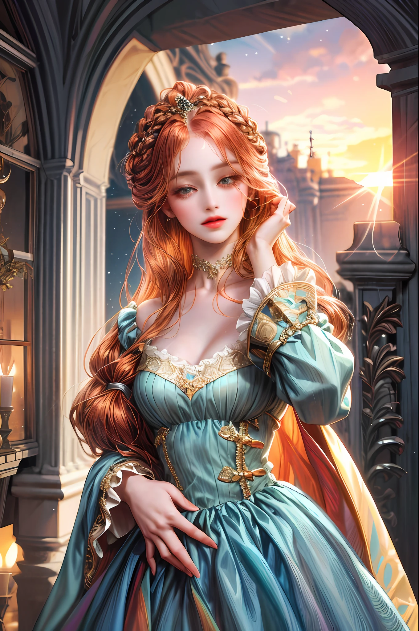 (absurdres, highres, ultra detailed), 1girl, solo, mature, Baroque, long dress, long sleeve, elegant, colorful, highest detailed, upper body , sunset hair