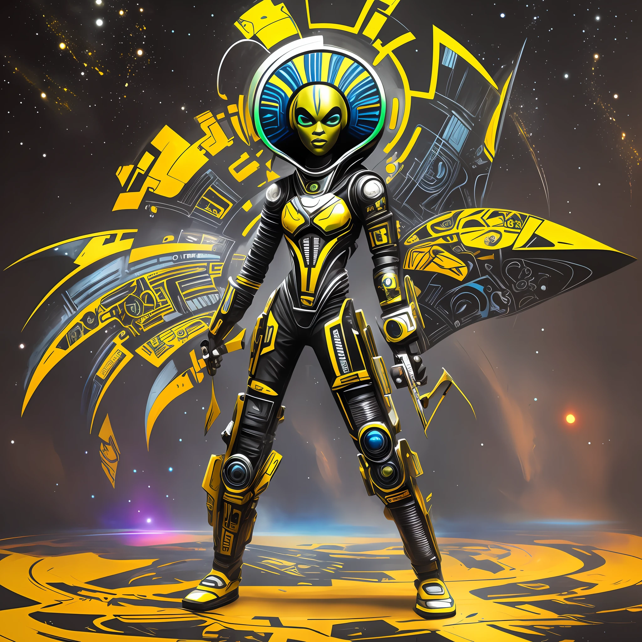 Afro-futuristic style alien graffiti artist, androgynous appearance, with high-tech paint roller, high-tech painting materials, futuristic, full body, general plan, graffiti style --auto --s2