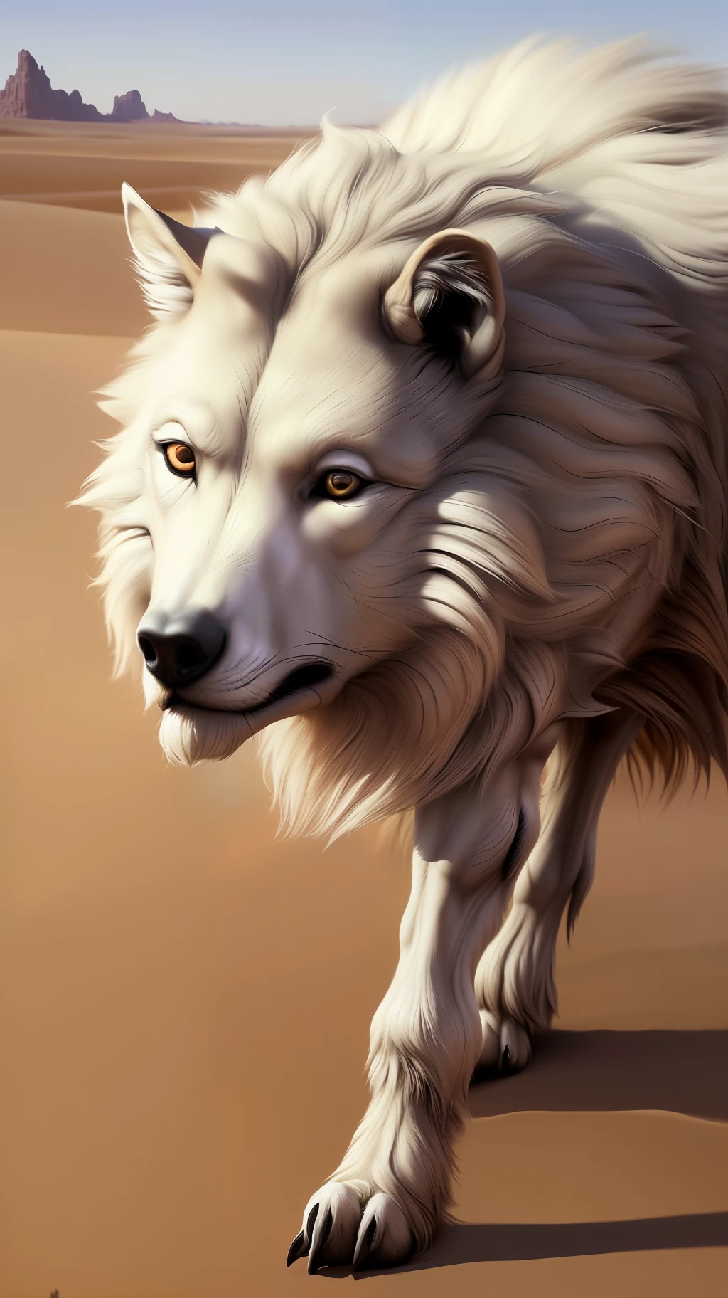 A bad wolf, black and angry dressed in the tanned skin of a white lamb, (by the realistic, detailed texture of the fur: 1.2), detailed background, desert background, photorealistic, hyper realistic, ultra detailed,