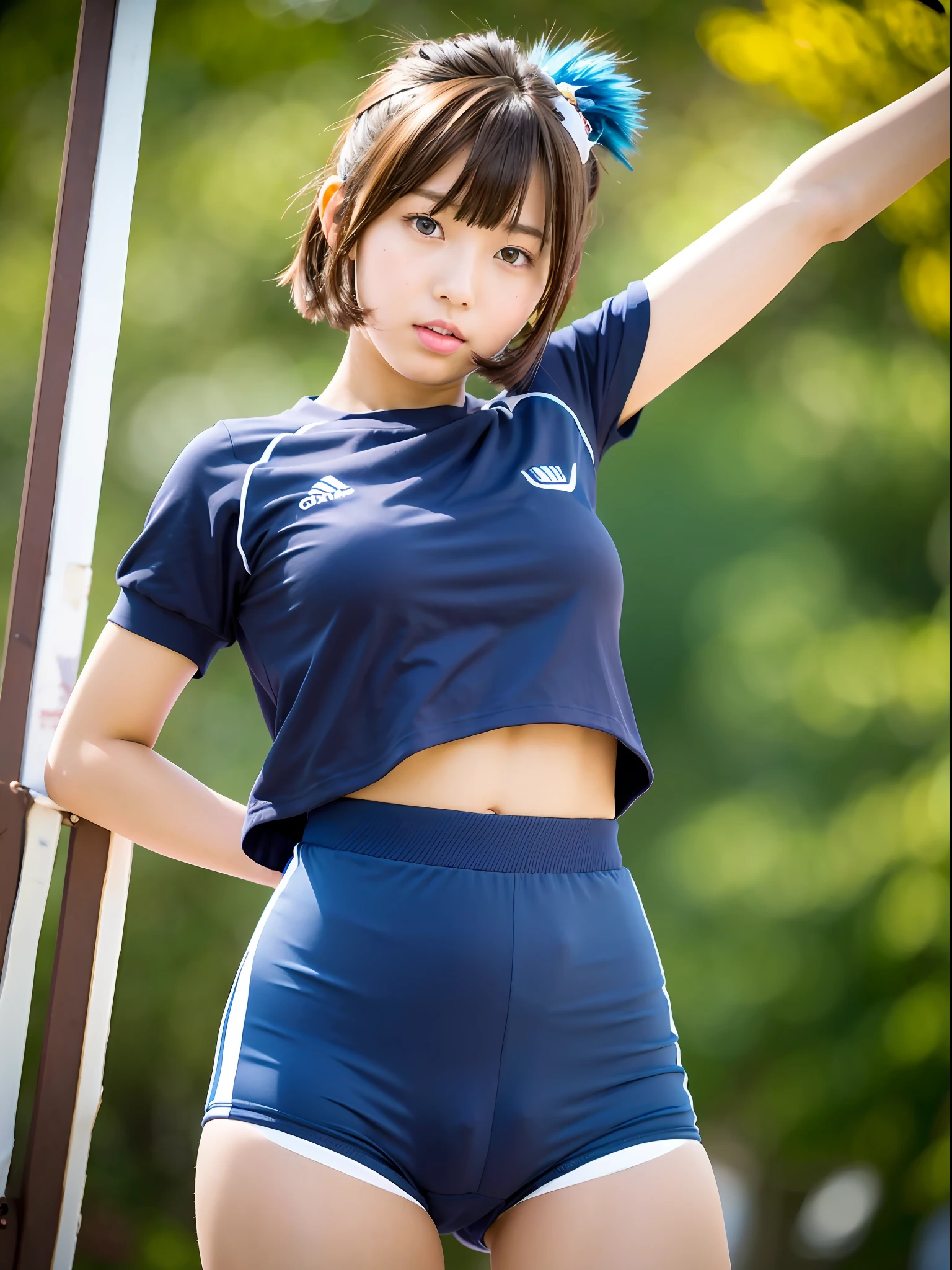 HDTV, 8K, masterpiece, UHD, Japanese female, 1 girl, beautiful girl, , short brown hair blowing in the wind, bangs, dark blue bloomers, gym uniform, cameltoe,