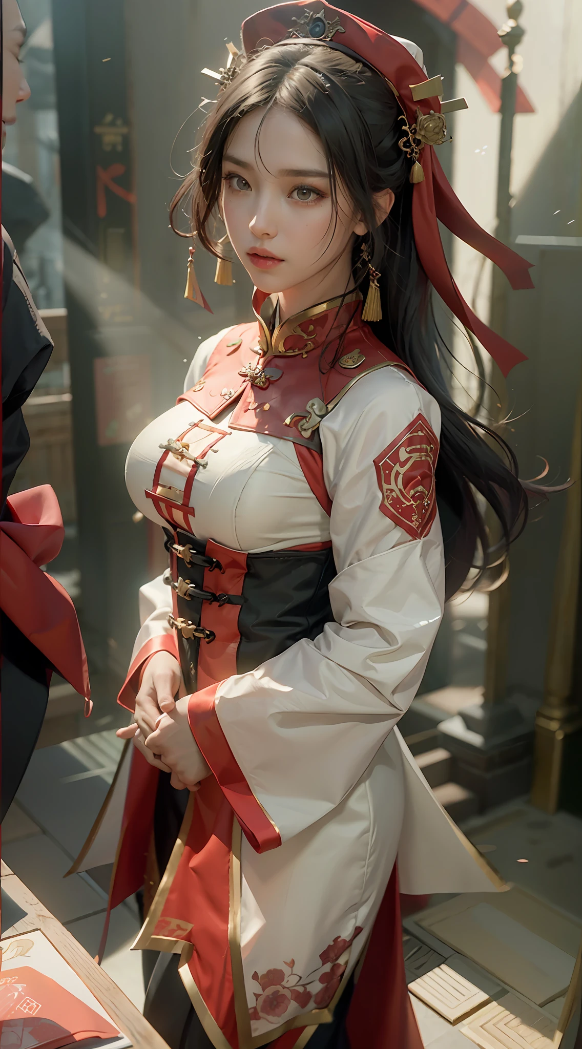 ((Best Quality)), ((Masterpiece)), (Details: 1.4), 3D, A Beautiful Chinese Costume Beauty, (Costume Red Wedding Dress: 1.9), (Black Long Straight Hair: 1.7), (Red Hood: 1.2) (Red Glow) (Wedding Scene: 1.5), Chinese Wedding, HDR (High Dynamic Range), Ray Tracing, NVIDIA RTX, Super-Resolution, Unreal 5, Subsurface Scattering, PBR Textures, Post-processing, anisotropic filtering, depth of field, maximum sharpness and sharpness, multi-layer textures, albedo and highlight mapping, surface shading, accurate simulation of light-material interactions, perfect proportions, Octane Render, two-color light, large aperture, low ISO, white balance, rule of thirds, 8K RAW,