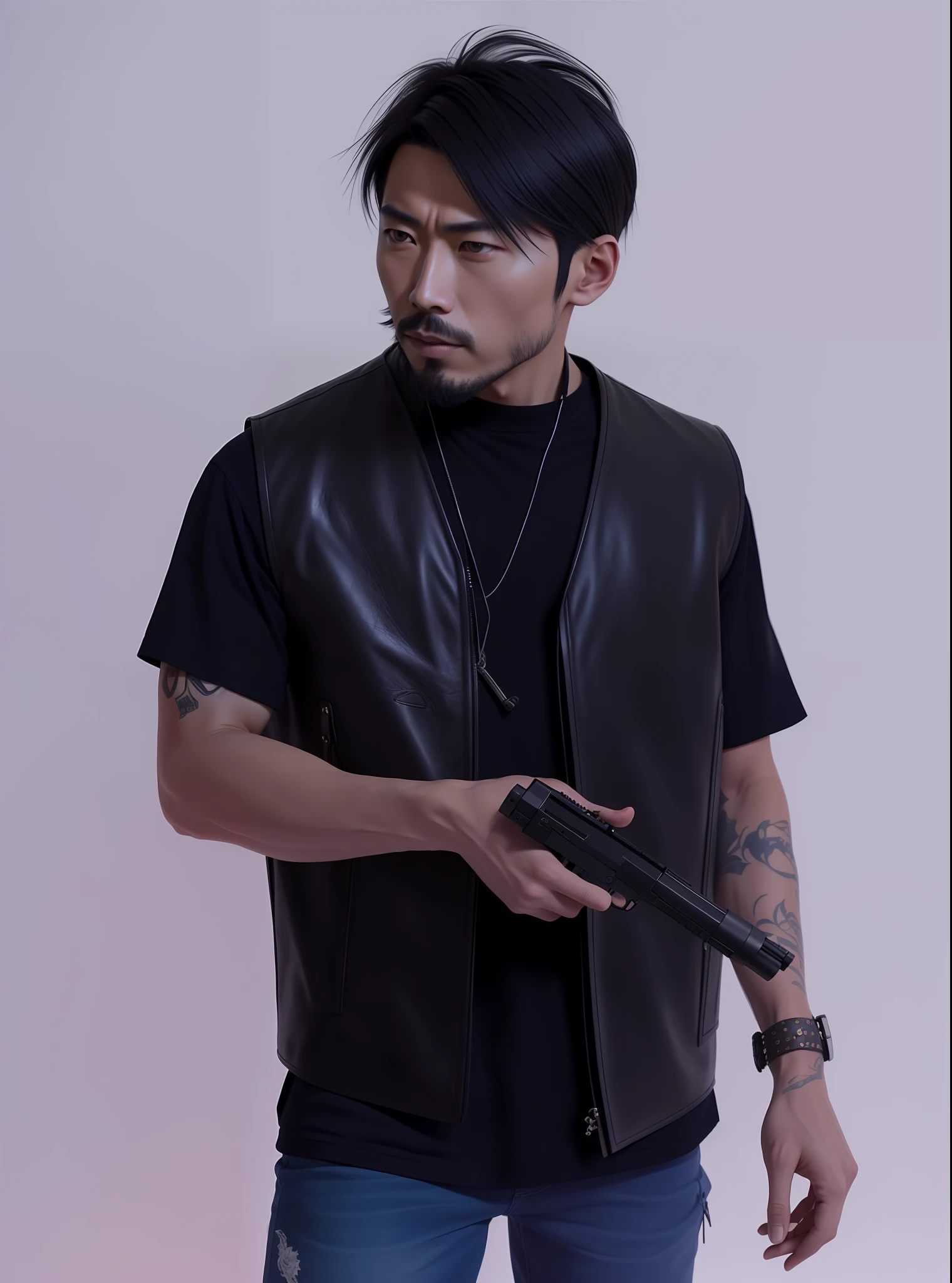 There's a man holding a gun in his hand, wearing a leather vest, Hiroaki tsutsumi style, Masahiro Ito, black leather vest is open, insoirado in Jeck Chan, while dundo an explosion of cars and lots of action