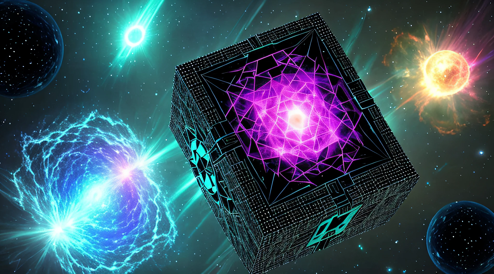 tesseract, strange geometry, confusing, multidimensional, unusual shapes, nebula, black hole, dark, destroyed planet, molten