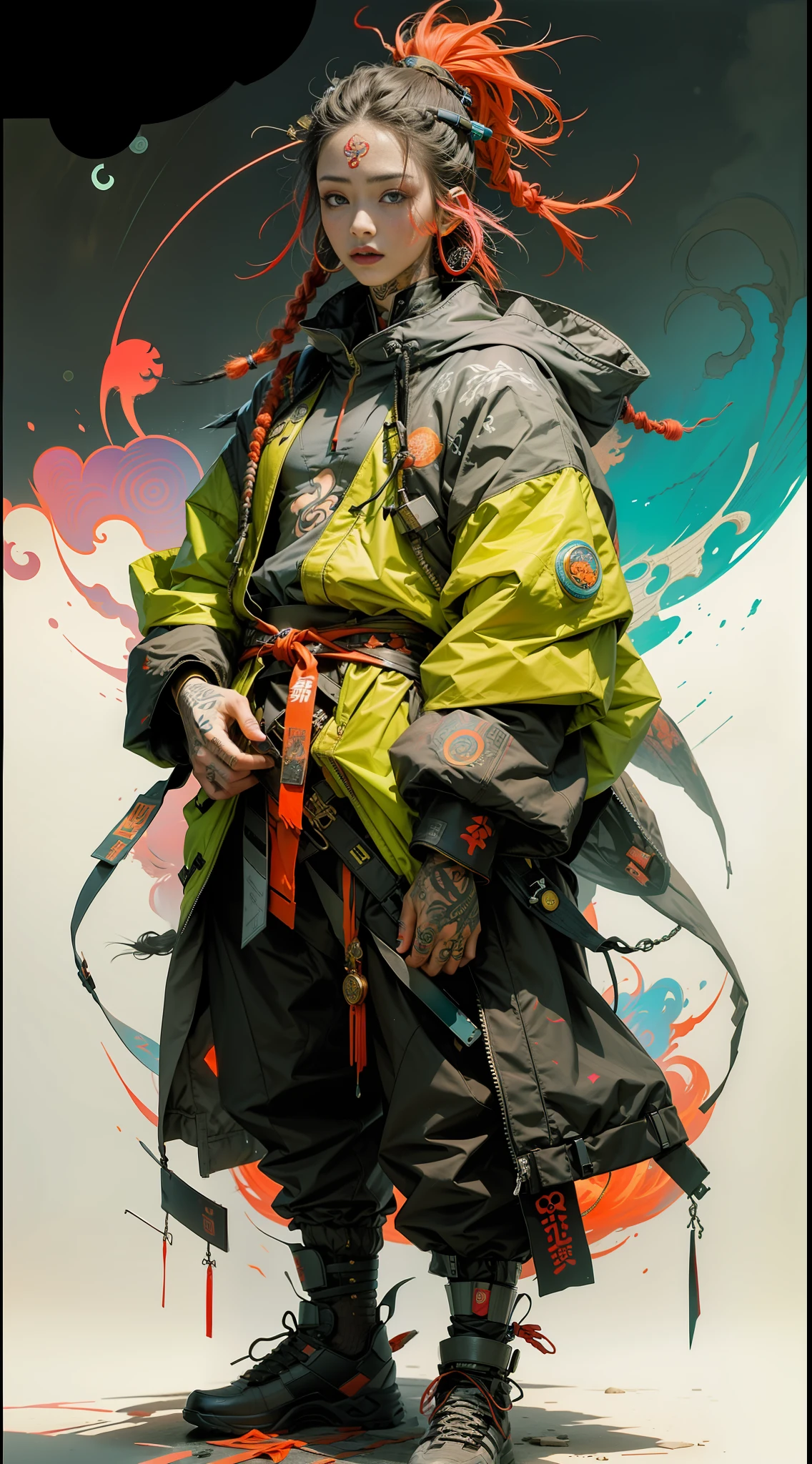 wuxia,1rapper with tattoos,dread hair,puffer jacket,super colorful,luminous colorization,illustration