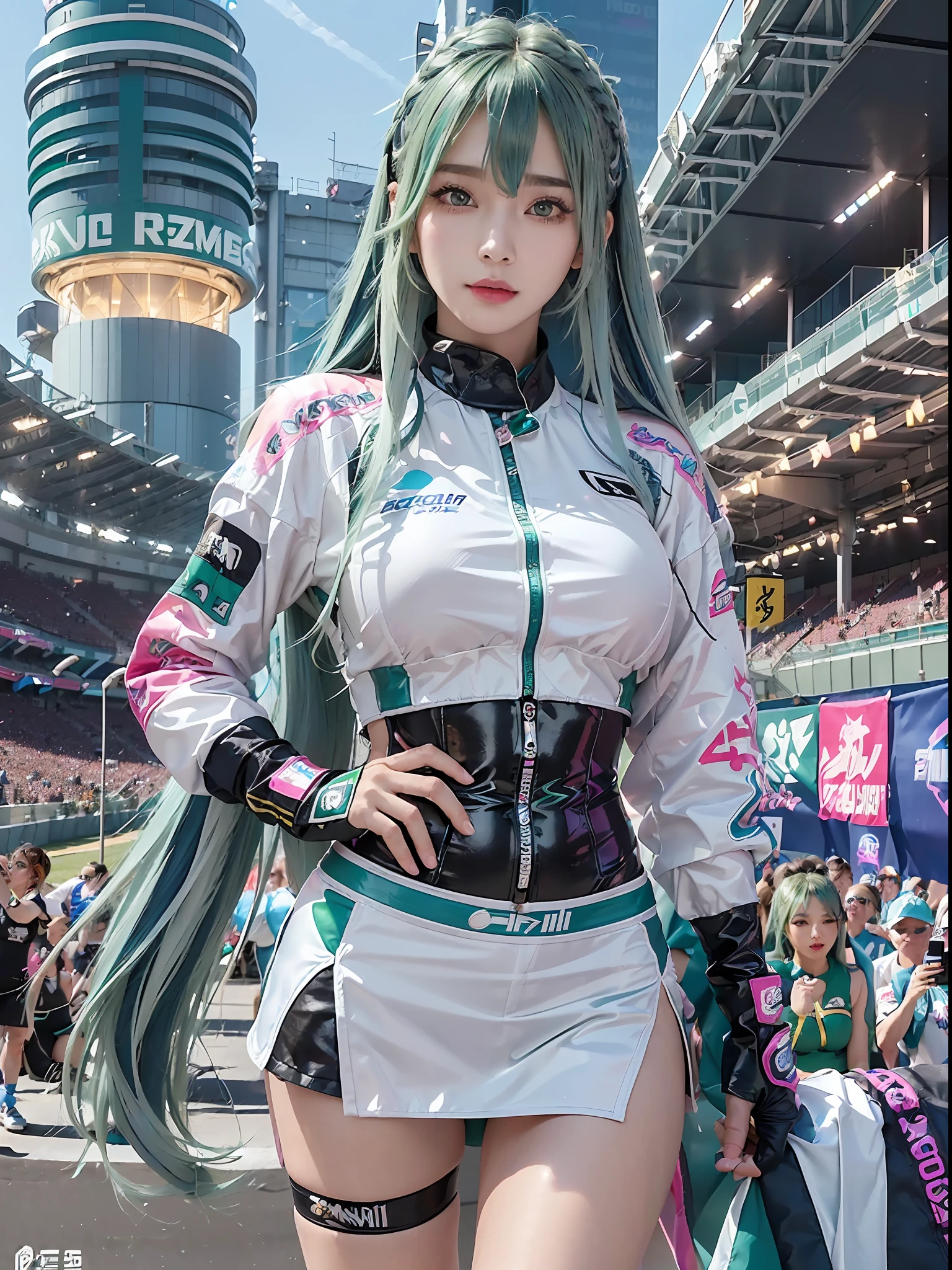 Top Quality, Ultra High Resolution, (Photorealistic: 1.4), (Pink Long Hair: 1.3), (Azure Lane\), One Girl, (Kpop Idol), Watch Audience, Detailed Face, Contrappost, Smooth Skin, Perfect Anatomy Professional Lighting, Futuristic Fashion, Streetwear, High-Tech Fabric, Racing Suit, Fireproof Material, Elbow and knee pads, racing gloves, personalized embroidery, mini skirt, belly button, long hair, emerald green hair, light blue hair, blue-green hair, Suzuka circuit, circuit home straight, race track, international circuit, SUPERGT, big breasts, big, race queen, side tail, face not cut off