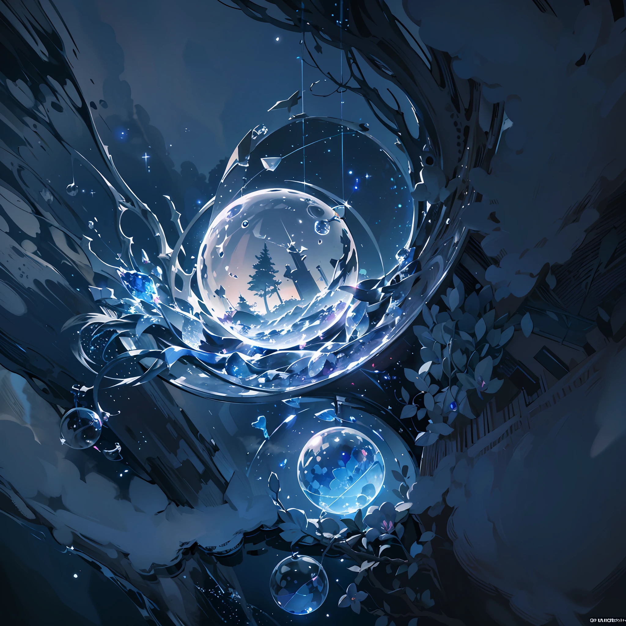 Computer, triplexaholic, Extensive landscape ultrasound photography soap bubbles, full moon, night sky, shards (general view showing soap bubbles breaking into shards),inside the soap bubble fragments reflected moon, meteor shower, (ultradetailed), full moon, (detailed), shards, glass (detailed), night night, moon reflection, (1:3), fireflies (1:3), BREAK production art, (cold light source:1.2), (Firefly:1.2), purple, fire particles,  colors, intricate details, volumetric lighting, realistic fantasy BREAK (masterpiece:1.2), (best quality), 4k, ultra-detailed, (dynamic composition: 1.4), high detailed, colorful details, (gloomy colors: 1.2), (luminous lighting, atmospheric lighting), gloomy, dark, magical --auto --s2