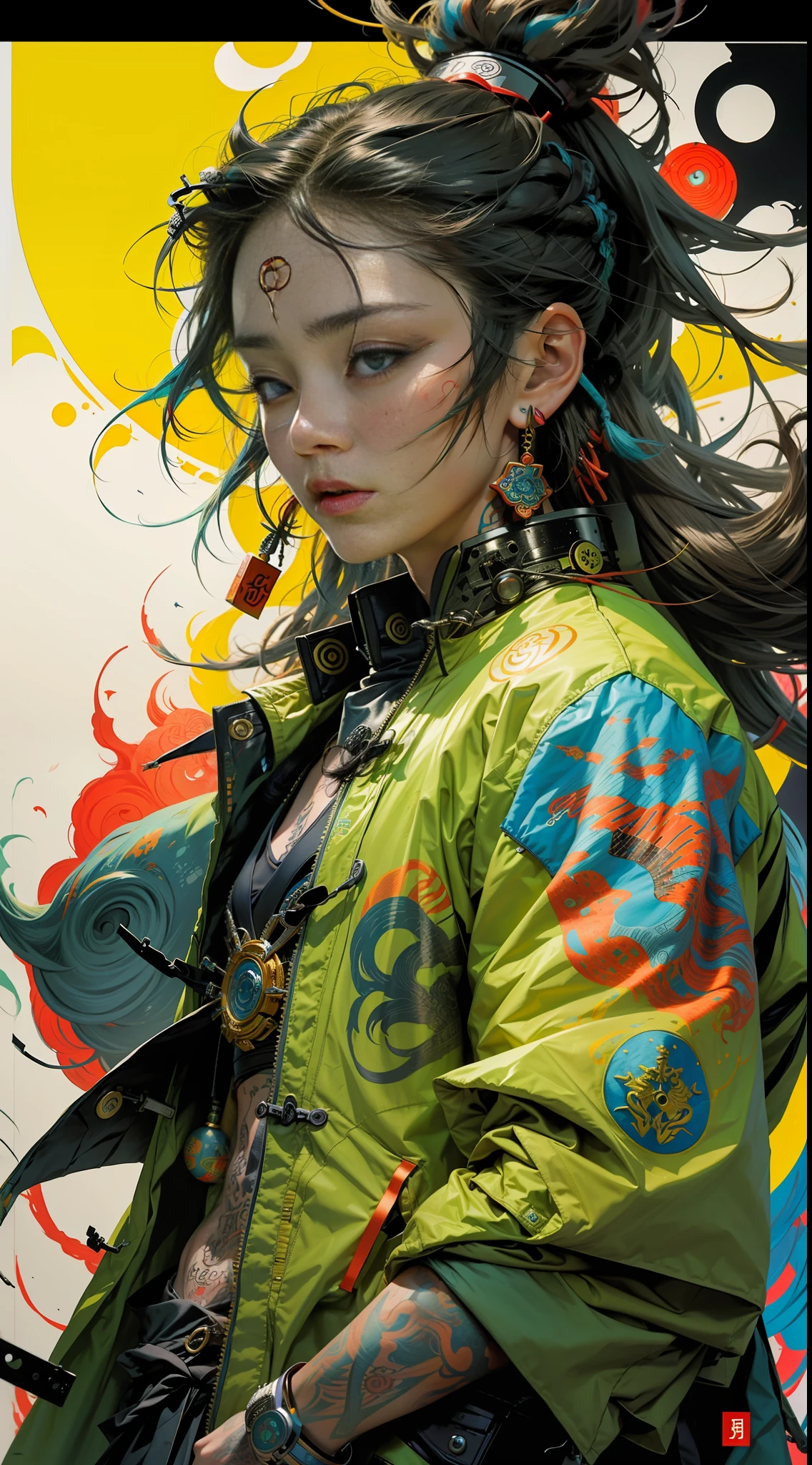 wuxia,1rapper with tattoos,dread hair,puffer jacket,super colorful,luminous colorization,illustration