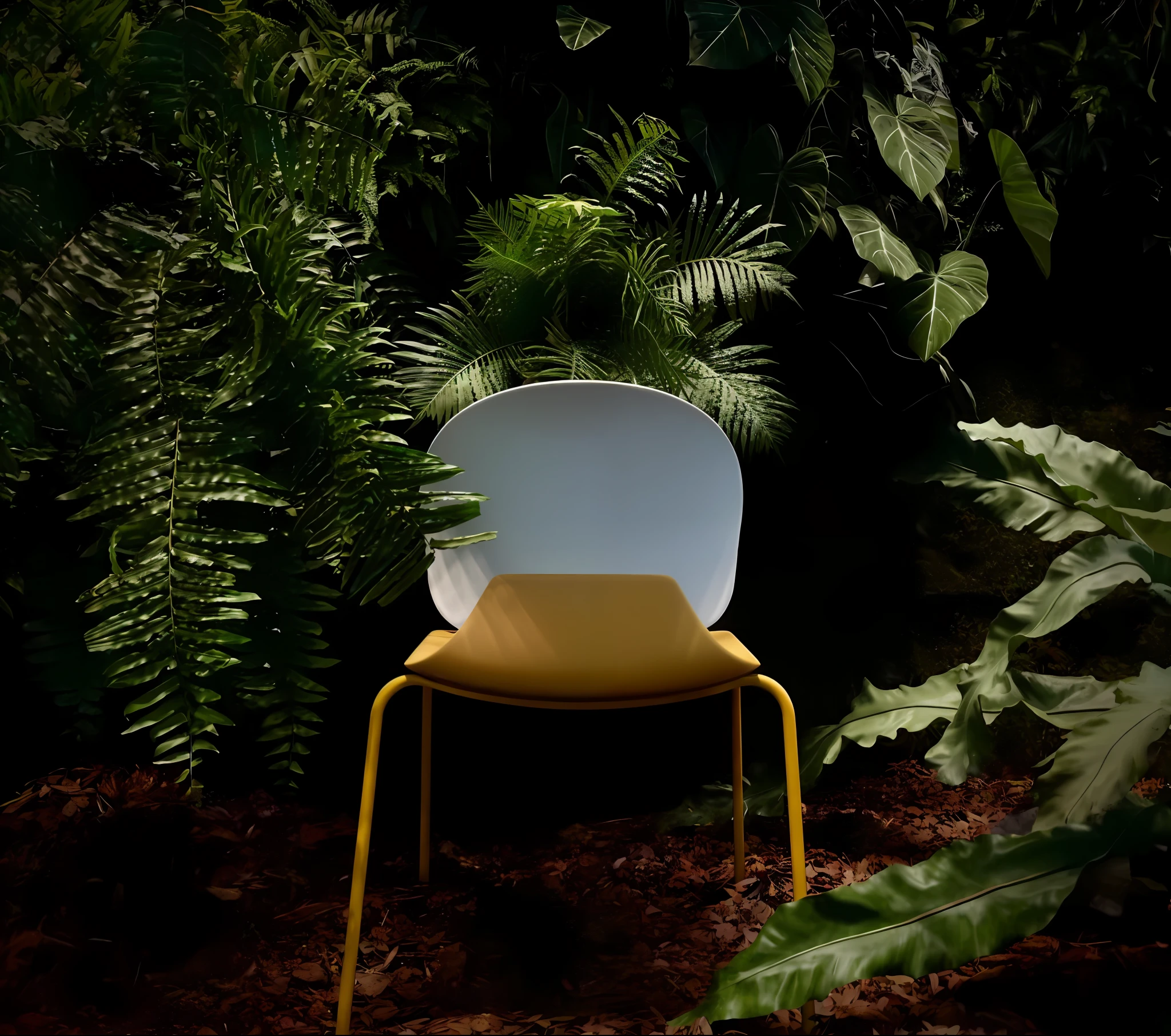 There is a yellow chair sitting in the middle of the forest, in a jungle environment, placed in a dense forest, biophilic mood, avocado chair, in a tropical forest, behind a round minimalism, avocado chair, outdoor tonal, avocado chair, sitting in a colorful forest, next to plants, jungle environment, extreme light and shadow, extreme texture, hyperrealistic style, realistic style, real texture, real light and shadow, real rainforest, hyper-realistic, hyper-realistic rainforest, intense light and shadow, Intense sunlight, intense halo, glare