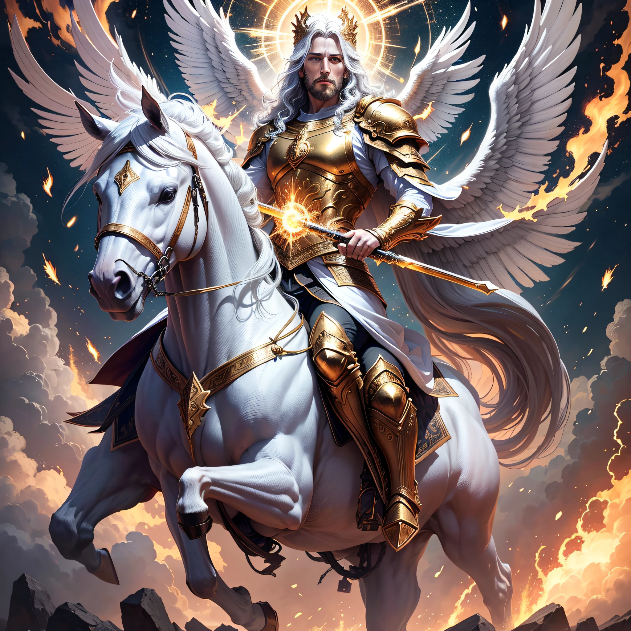 The image shows Jesus riding a white horse, descending from heaven with great power and glory. He is surrounded by angels, radiating divine light. The earth is in turmoil, with signs of judgment and destruction, such as earthquakes and thunder. Some people worship and praise Jesus, while others are terrified. The image conveys the majesty and power of Christ in his triumphal return, Leo engraved on his chest in gold, Flaming Sword in his right hand. --auto --s2