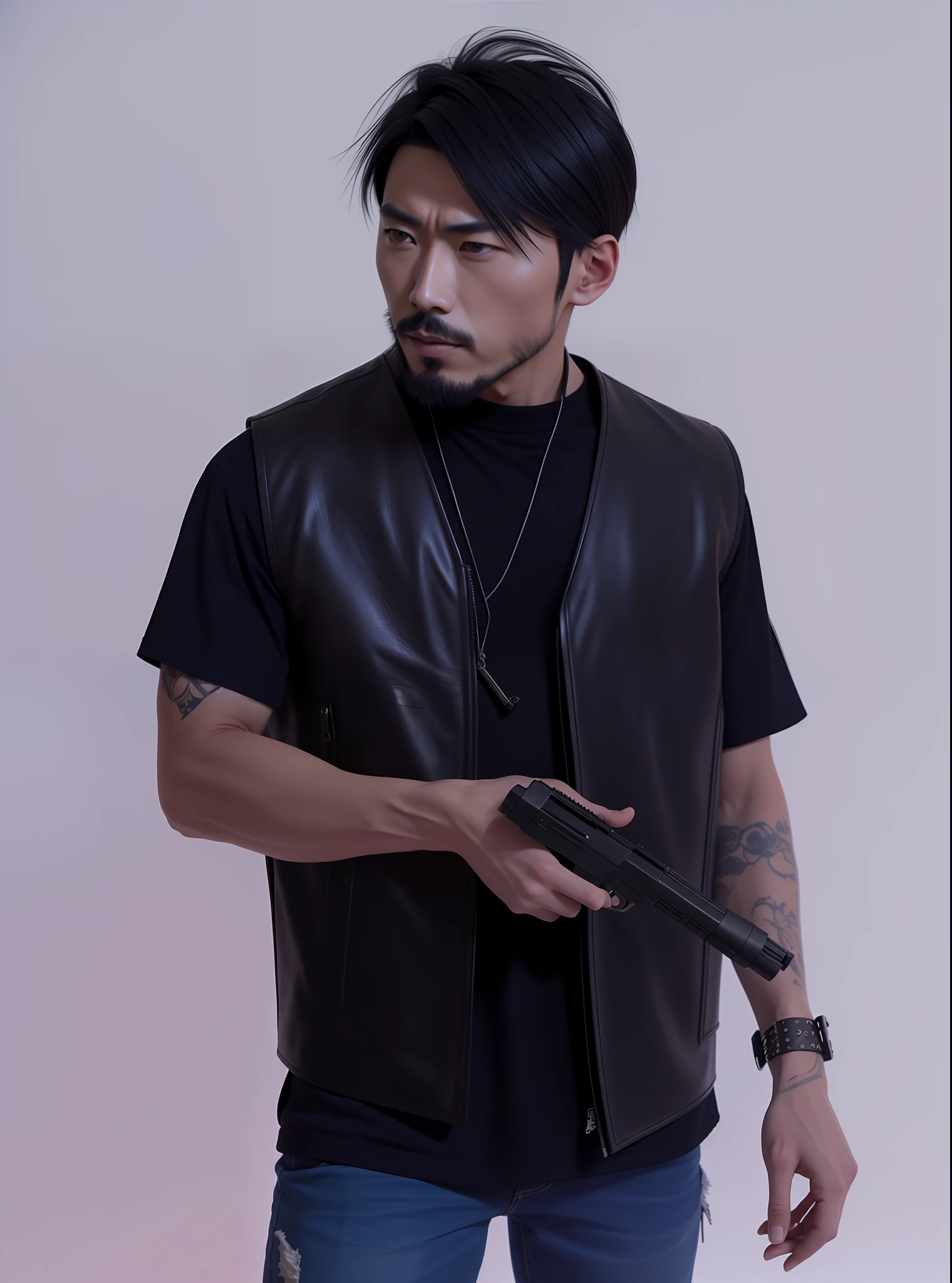 There's a man holding a gun in his hand, wearing a leather vest, Hiroaki tsutsumi style, Masahiro Ito, black leather vest is open, insoirado in Jeck Chan, while dundo an explosion of cars and lots of action