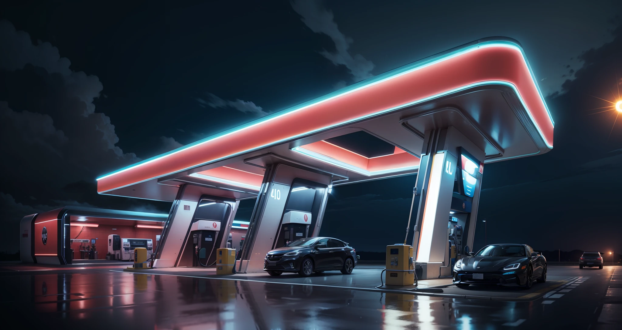 Gas station, modern style, late night, bright, 4k, reflective, high quality, --auto --s2