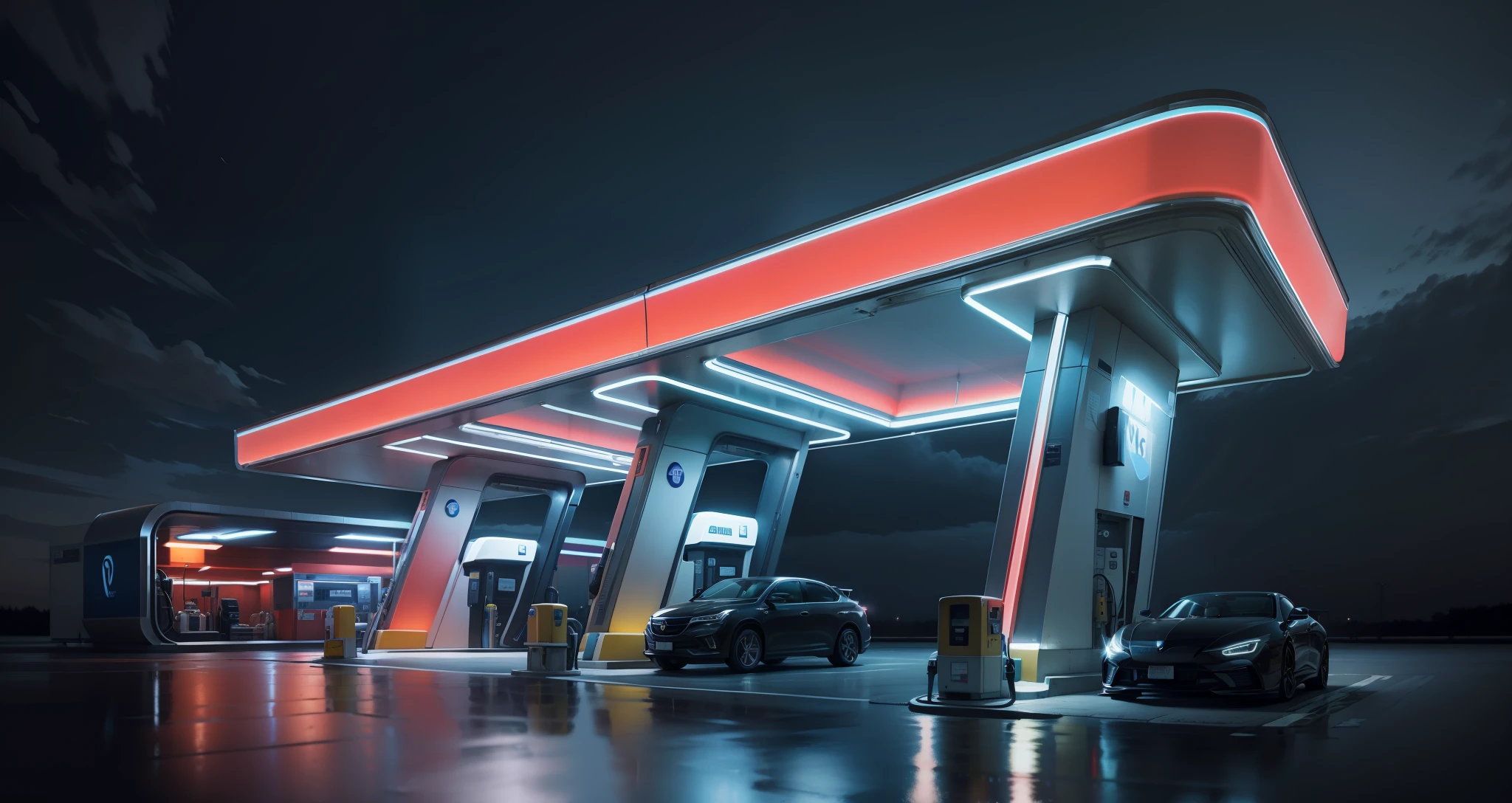 Gas station, modern style, late night, bright, 4k, reflective, high quality, --auto --s2