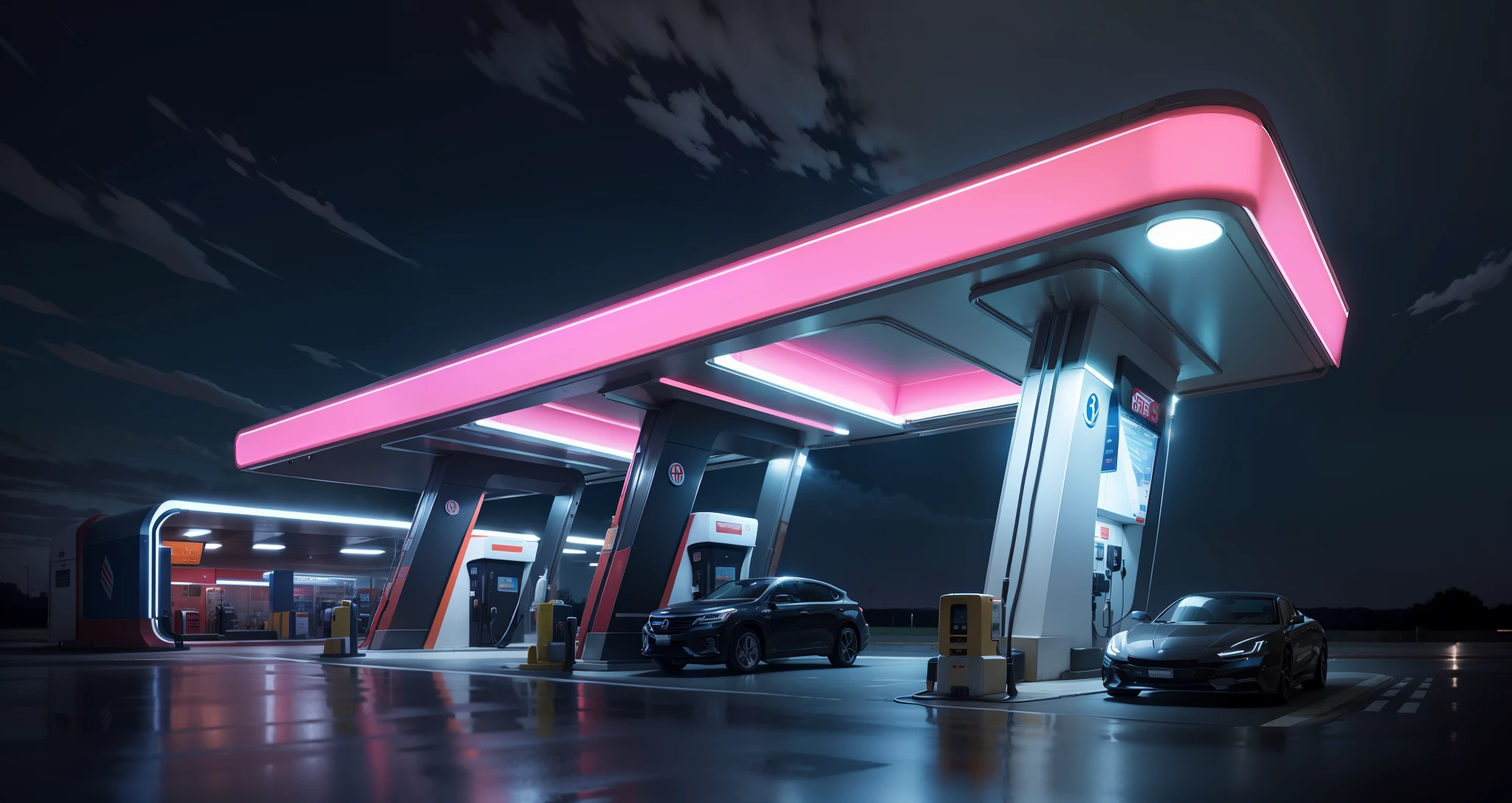 Gas station, modern style, late night, bright, 4k, reflective, high quality, --auto --s2