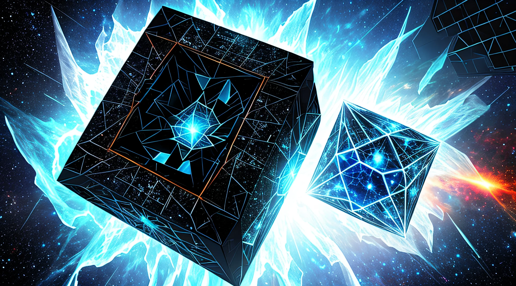 tesseract, strange geometry, confusing, multidimensional, unusual shapes, nebula, black hole, dark, destroyed planet, molten