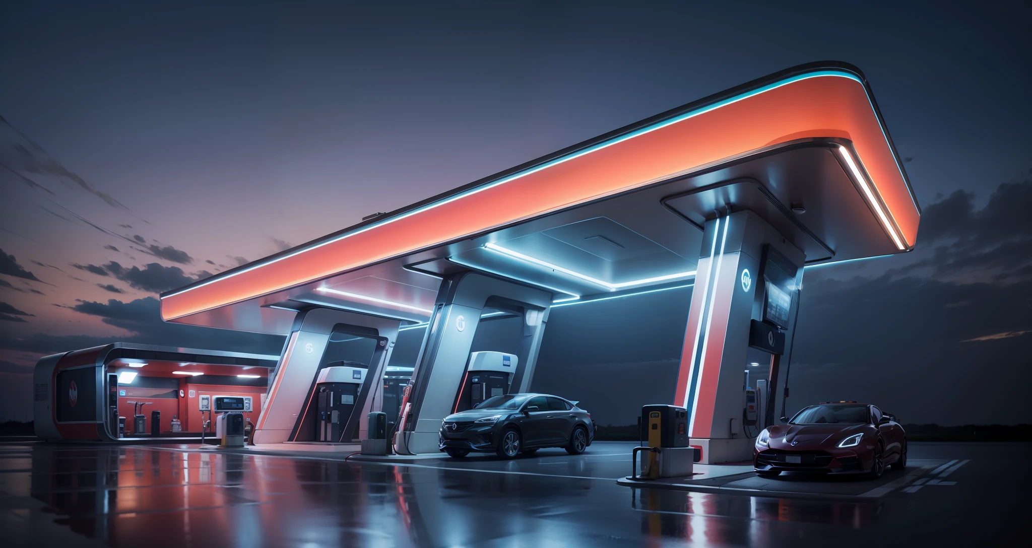 Gas station, modern style, late night, bright, 4k, reflective, high quality, --auto --s2